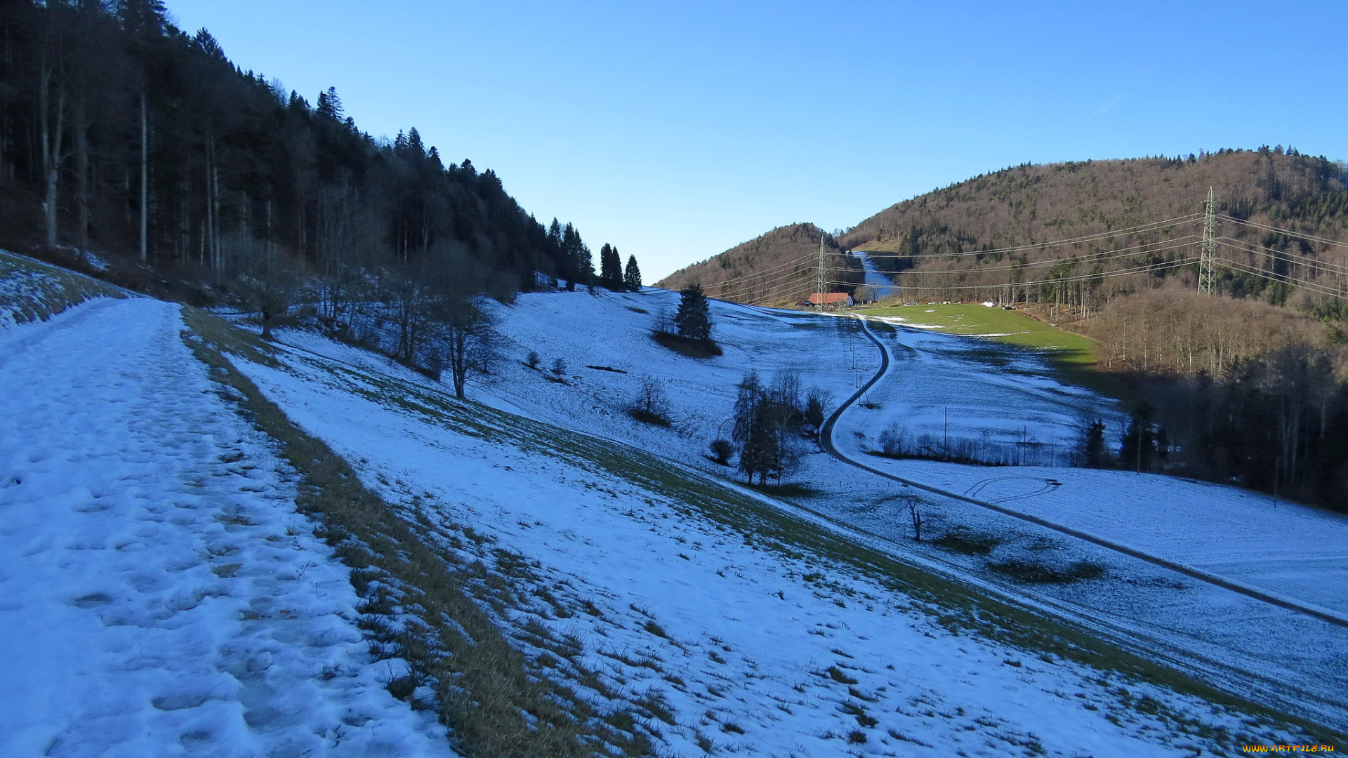 природа, пейзажи, дорога, деревья, снег