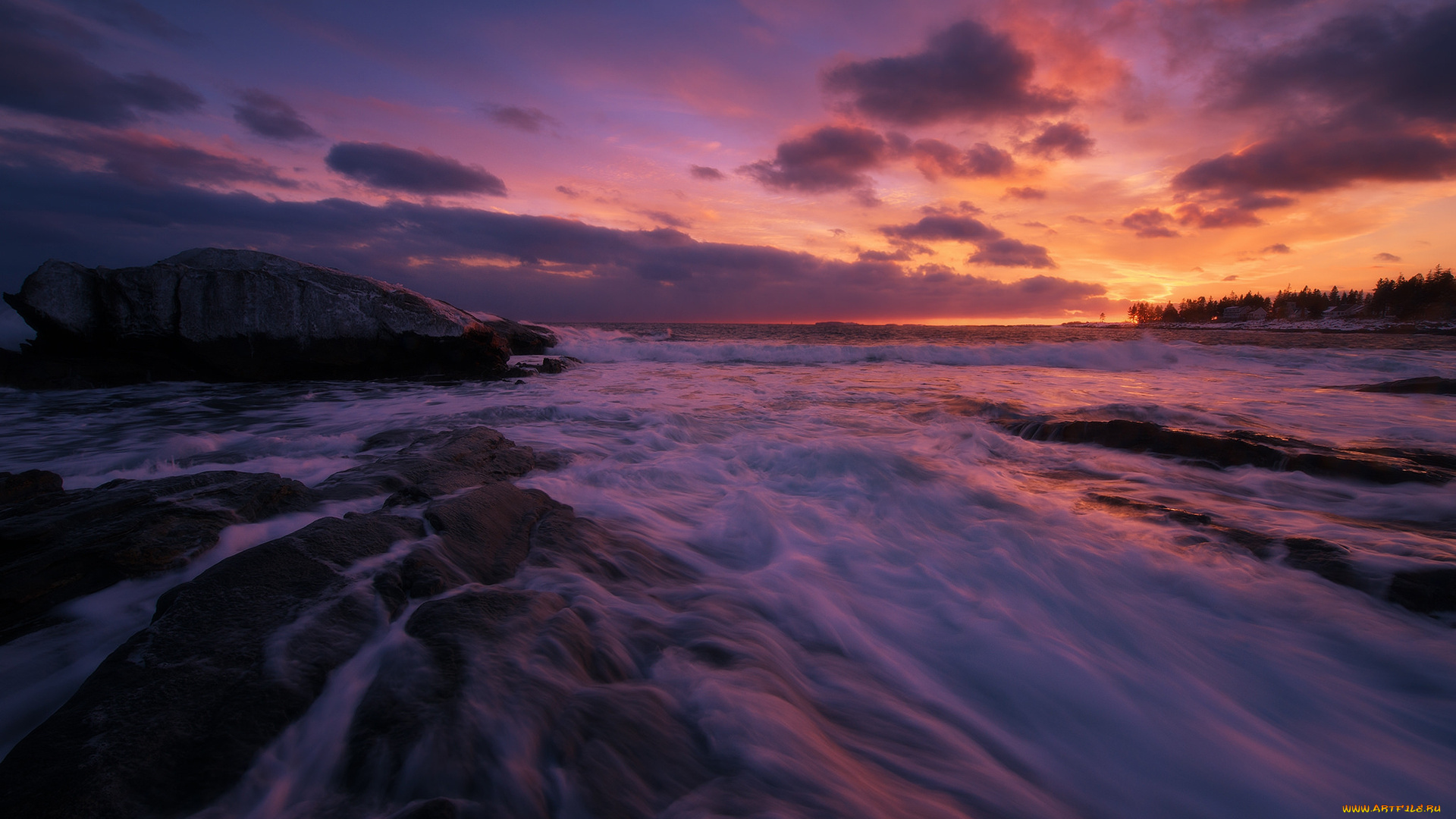 природа, восходы, закаты, rock, waves, coast, sunset
