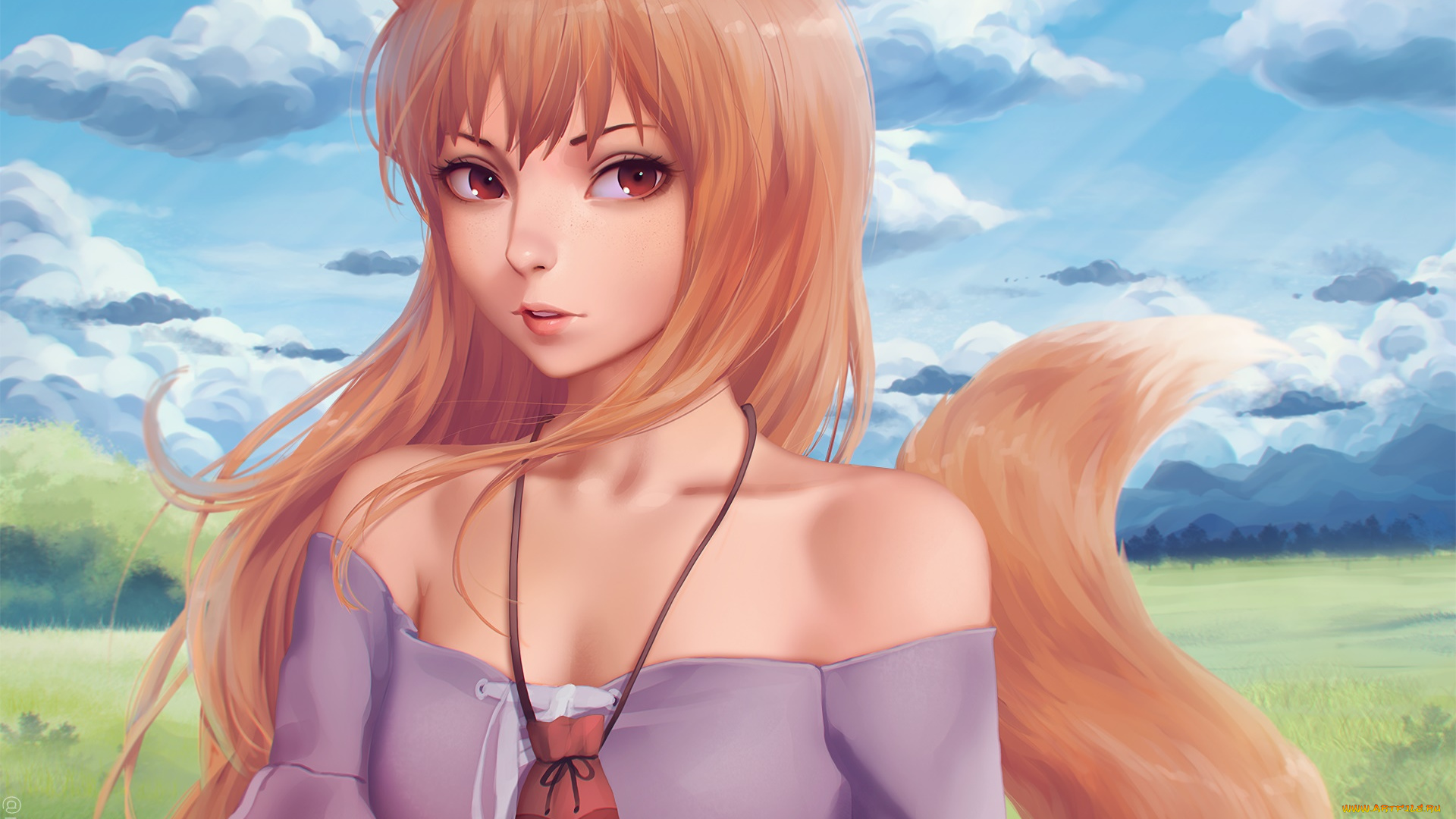 spice, and, wolf, аниме, фон, взгляд, девушка