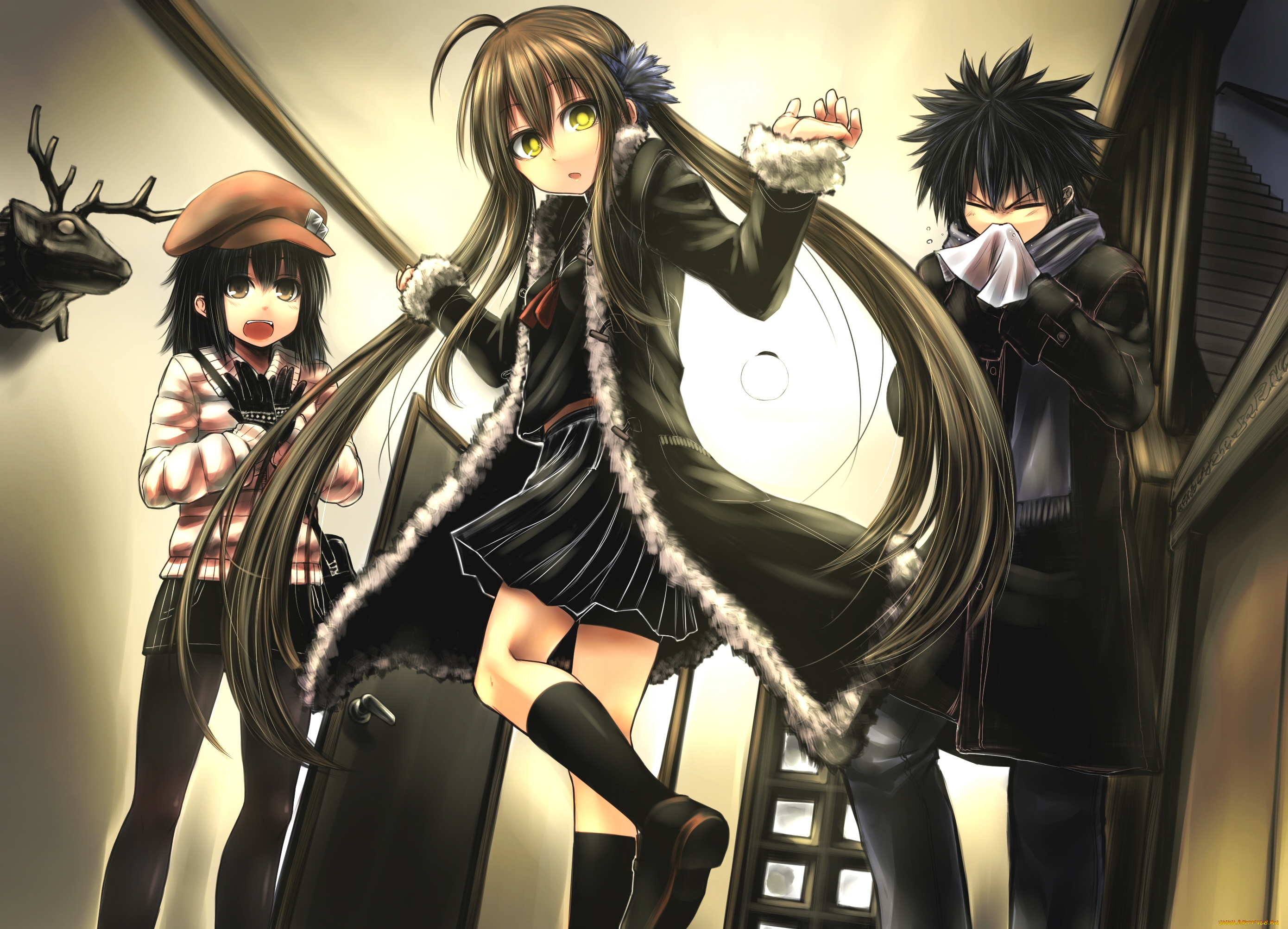 аниме, unknown, , другое, дверь, голова, платок, парень, девочки