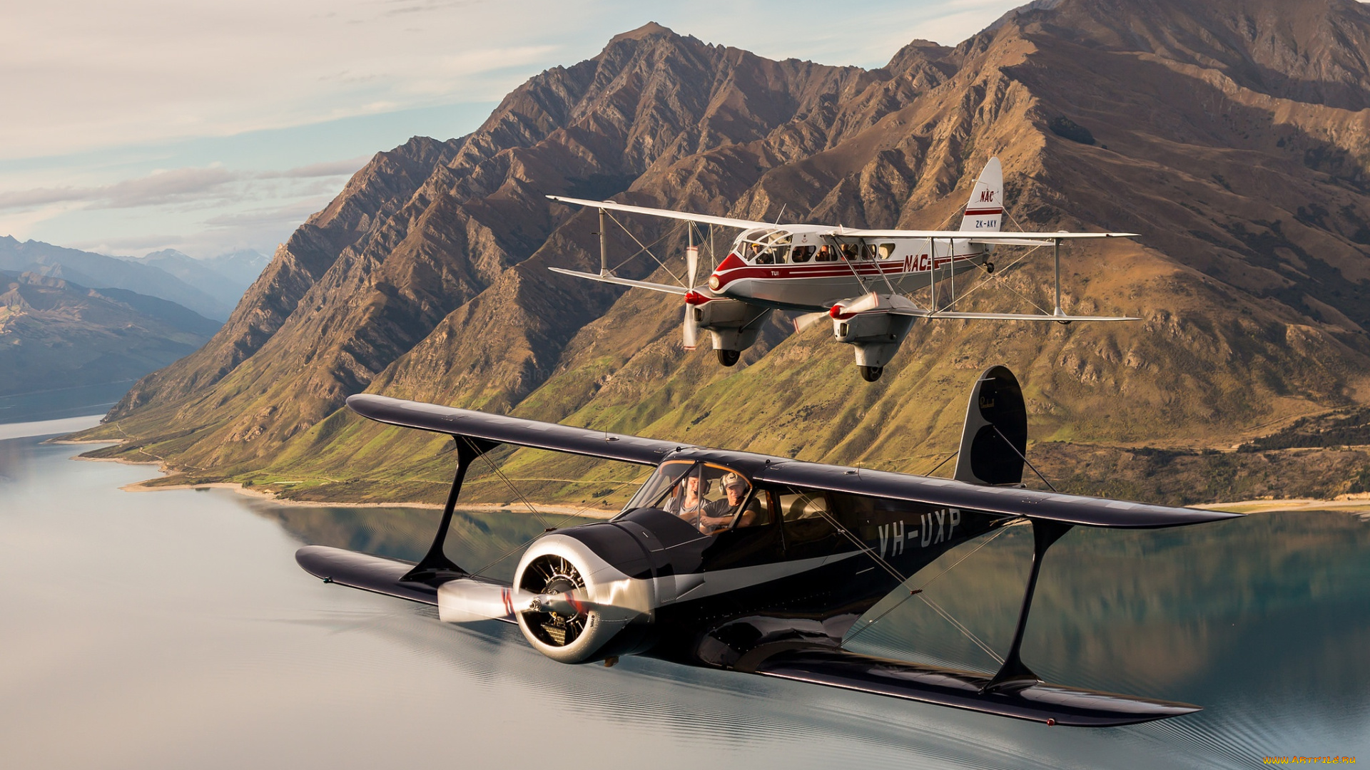 авиация, лёгкие, одномоторные, самолёты, пейзаж, биплан, полет, горы, de, havilland, dh89, dragon, beech, c-17b, staggerwing