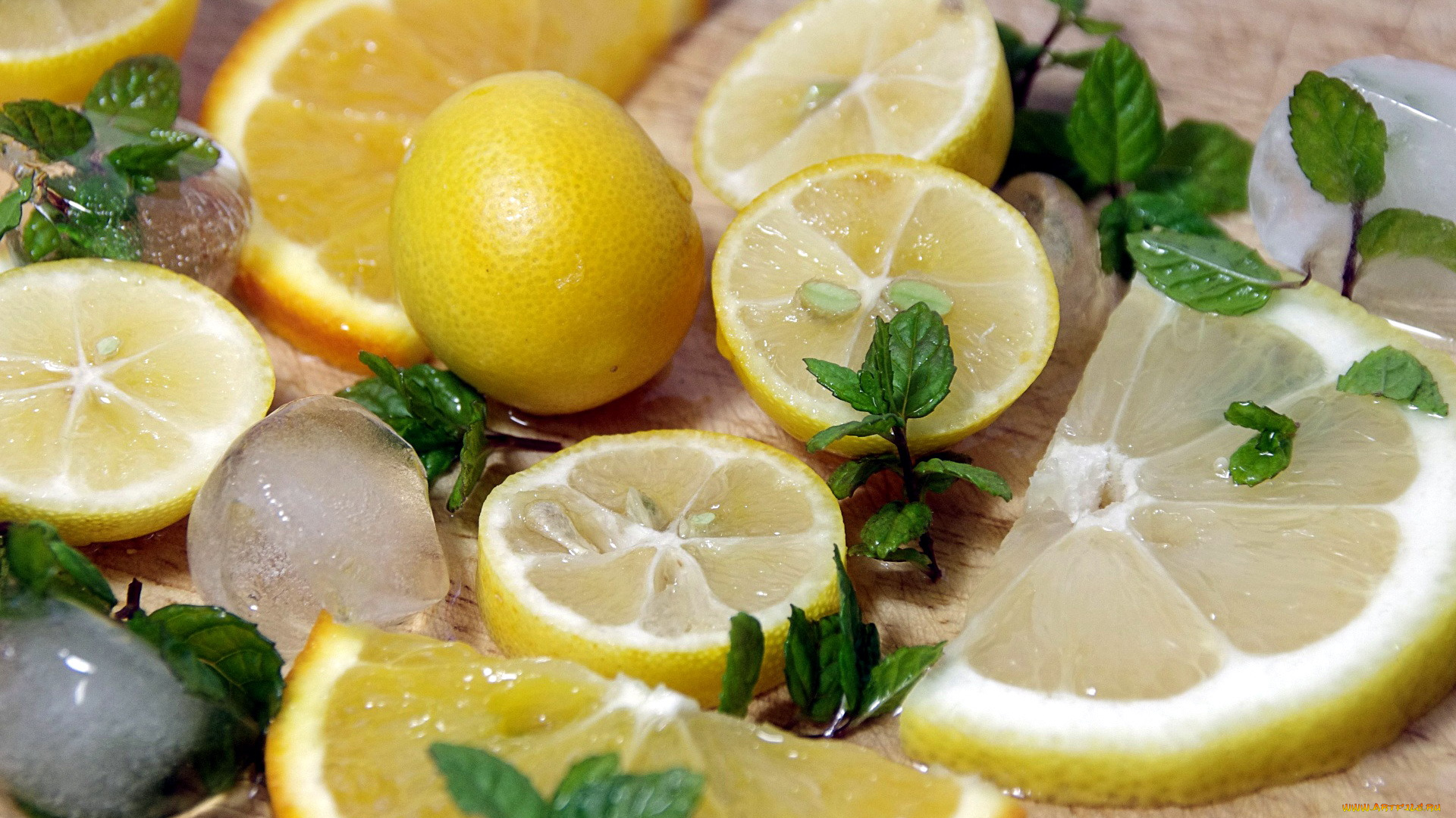 еда, цитрусы, лед, лимоны, мята
