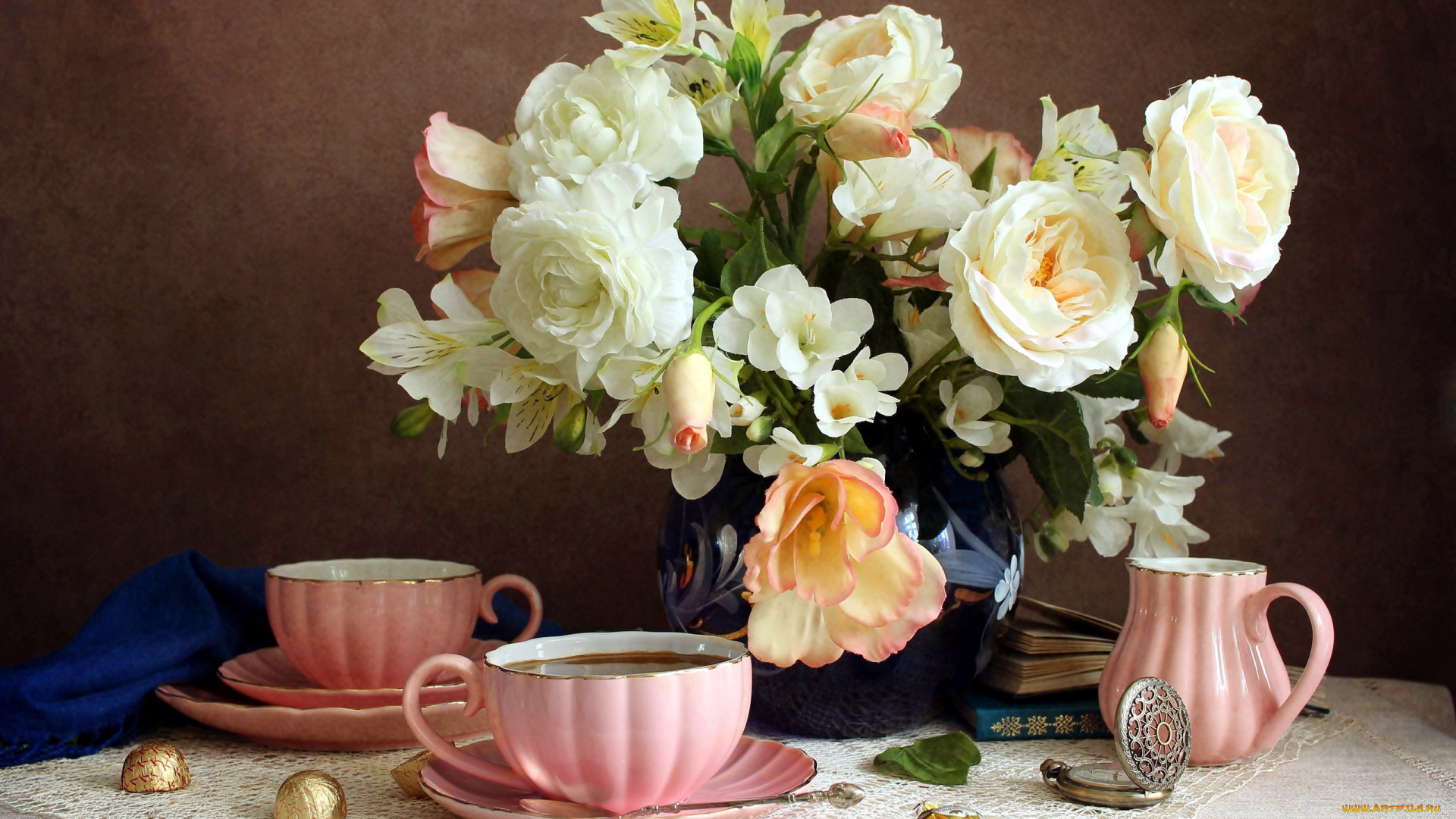 еда, натюрморт, чай, конфеты, букет