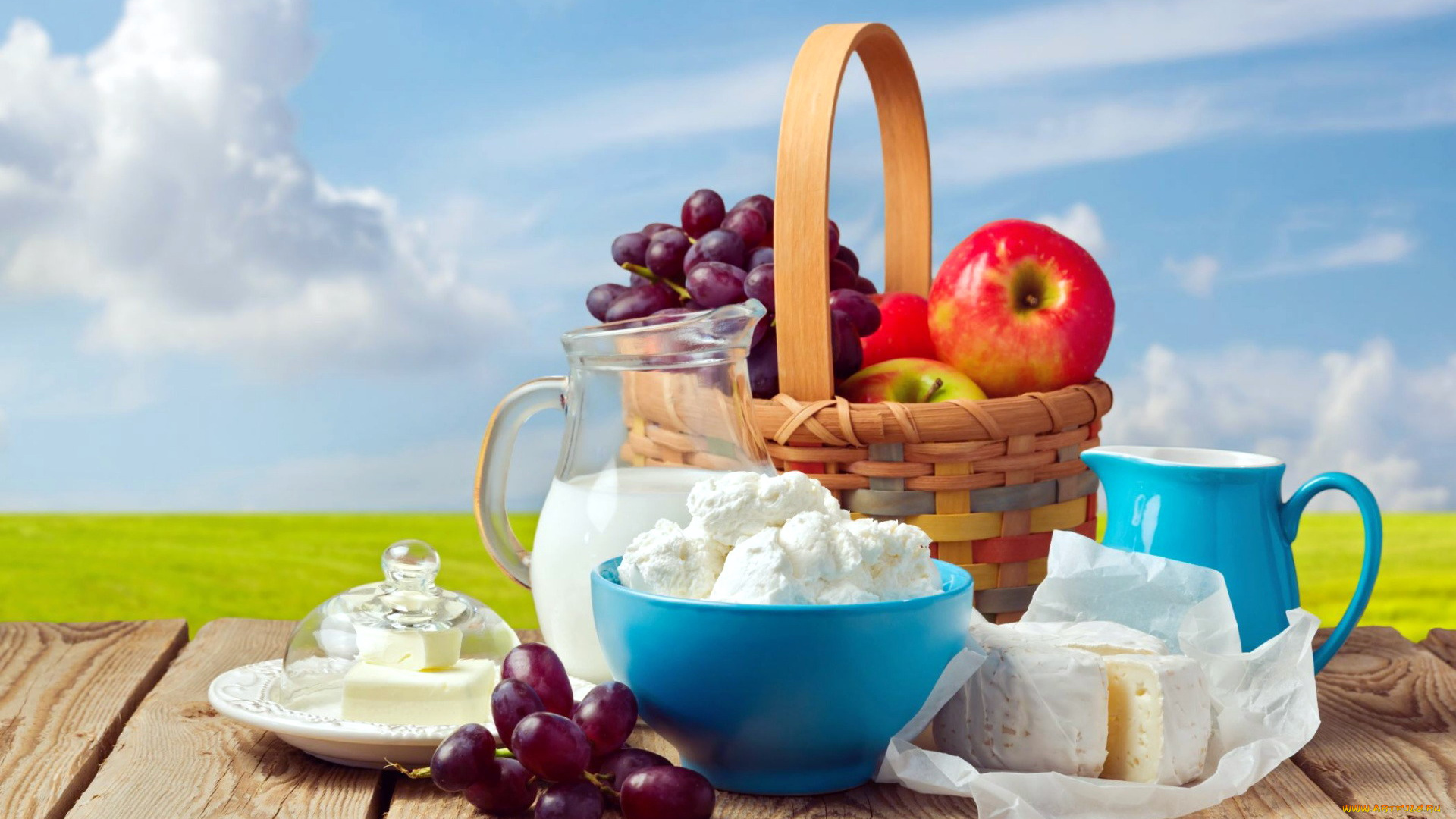 еда, разное, молоко, виноград, сыр, яблоки, творог, масло