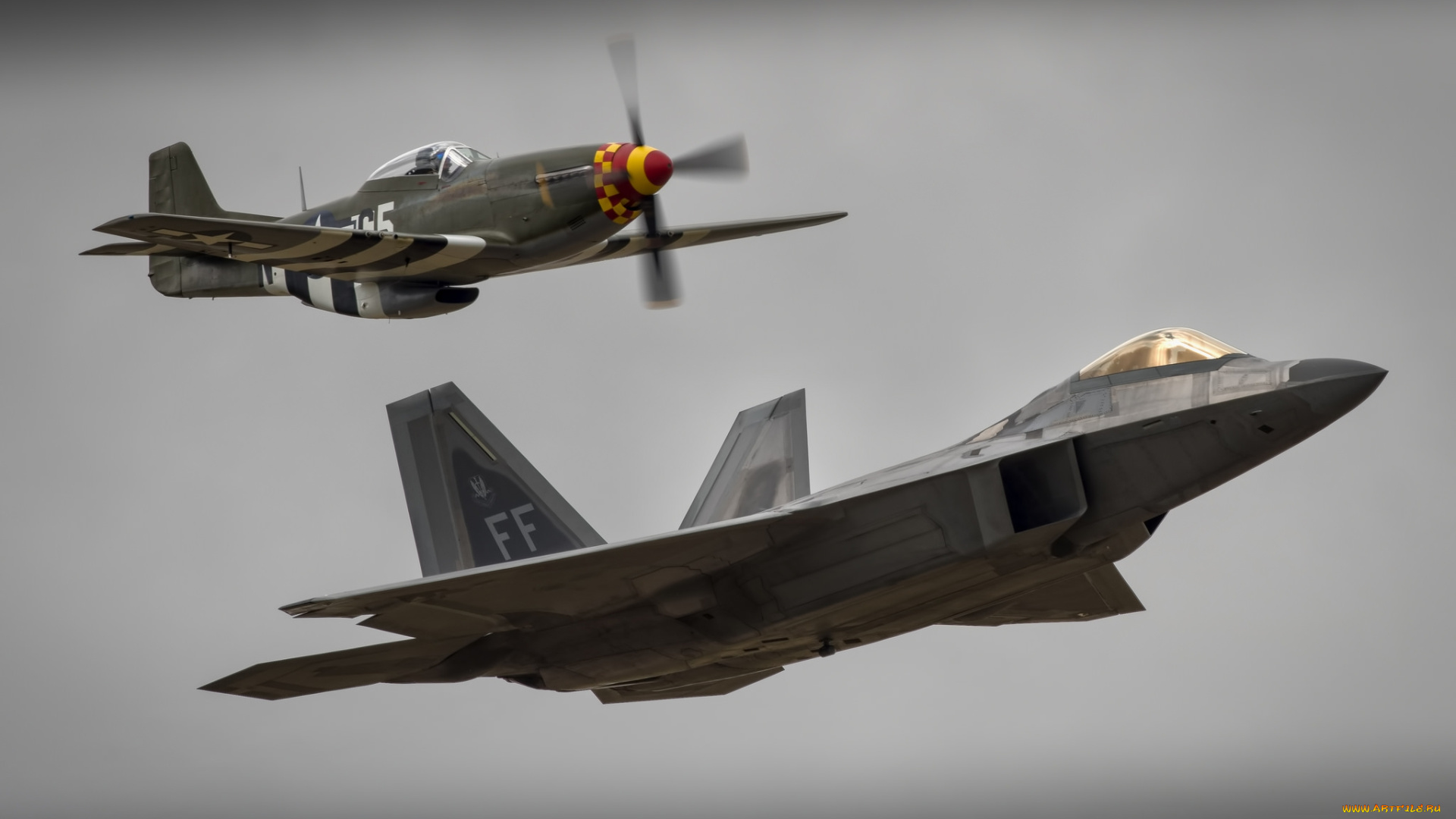 f-22, raptor, &, p-51, mustang, авиация, боевые, самолёты, ввс