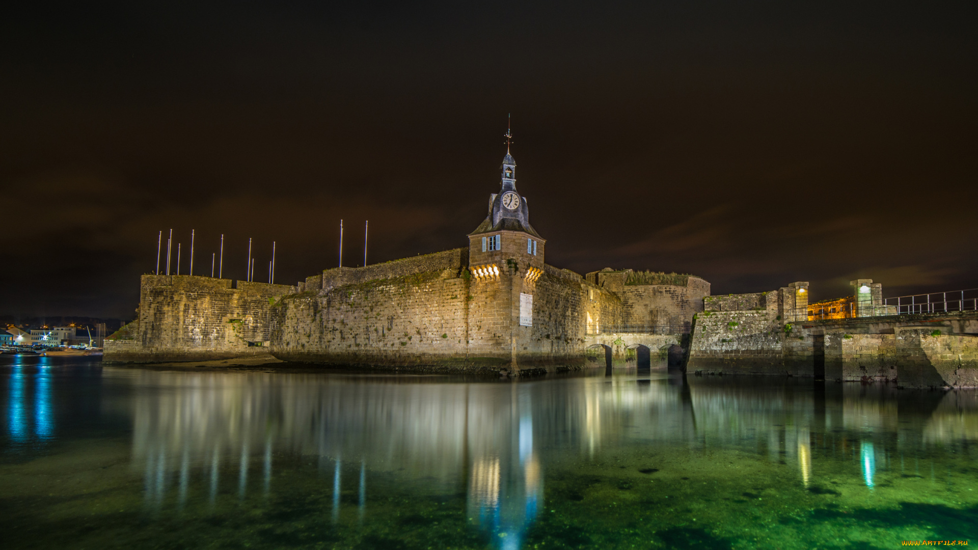 города, -, дворцы, , замки, , крепости, франция, коммуна, конкарно, крепость, у, воды, ночью