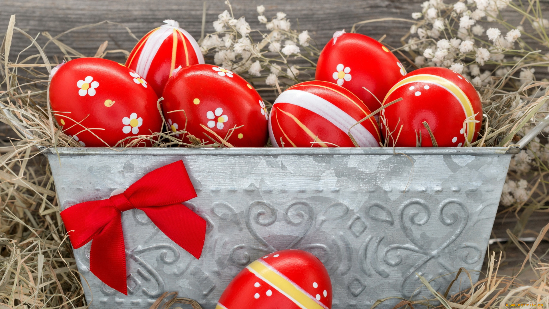праздничные, пасха, яйца, сено, крашенки, бант