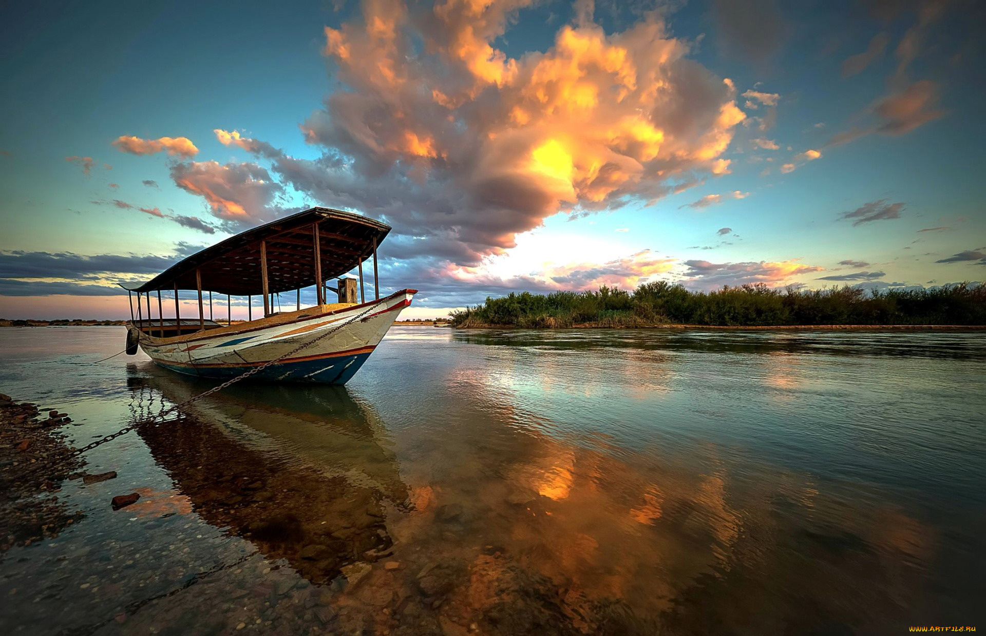 корабли, баркасы, , , буксиры, лодка, закат, река