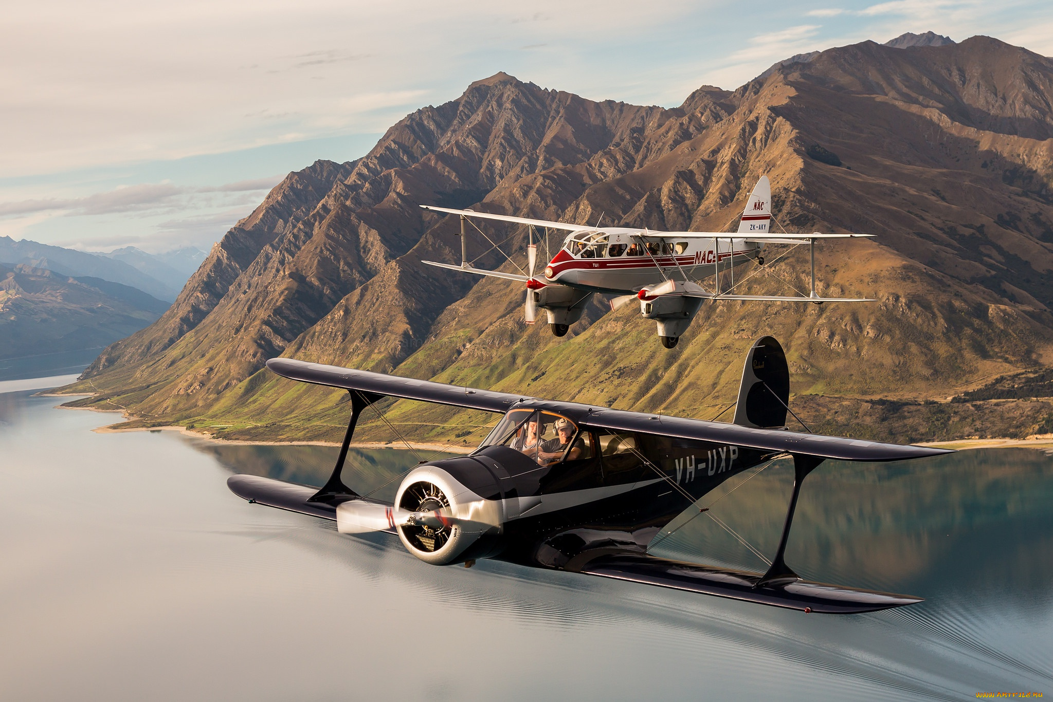 авиация, лёгкие, одномоторные, самолёты, пейзаж, биплан, полет, горы, de, havilland, dh89, dragon, beech, c-17b, staggerwing