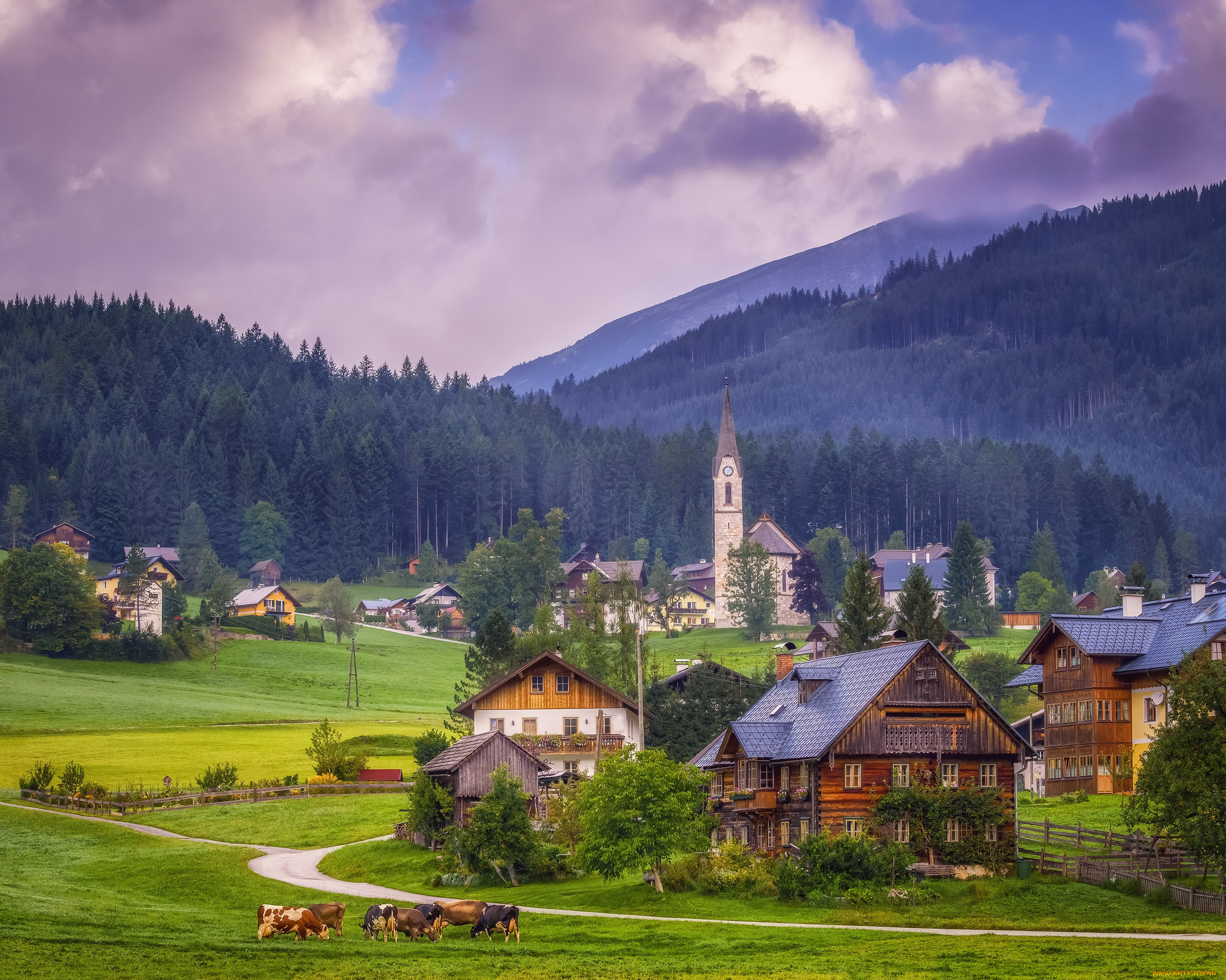 города, -, панорамы, gosau, альпы, коровы, долина, alps, austria, valley, дома, upper, церковь, австрия, горы, гозау