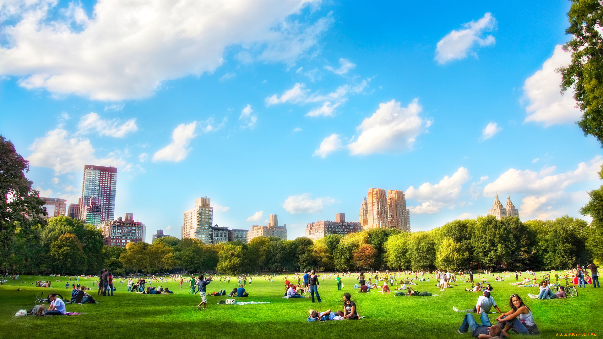 города, нью-йорк, , сша, отдых, люди, лужайка, деревья, парк, здания, дома, облака, небо