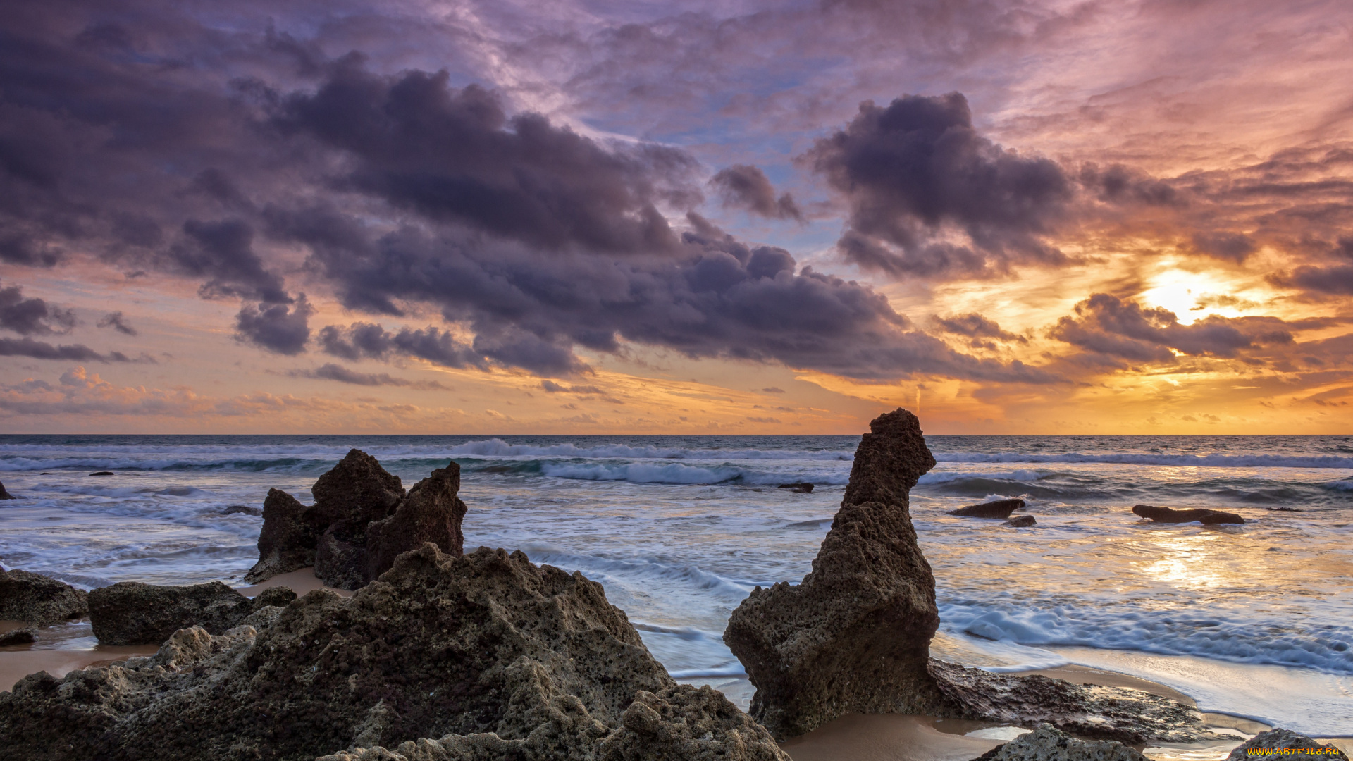 природа, побережье, камни, закат, небо, лето