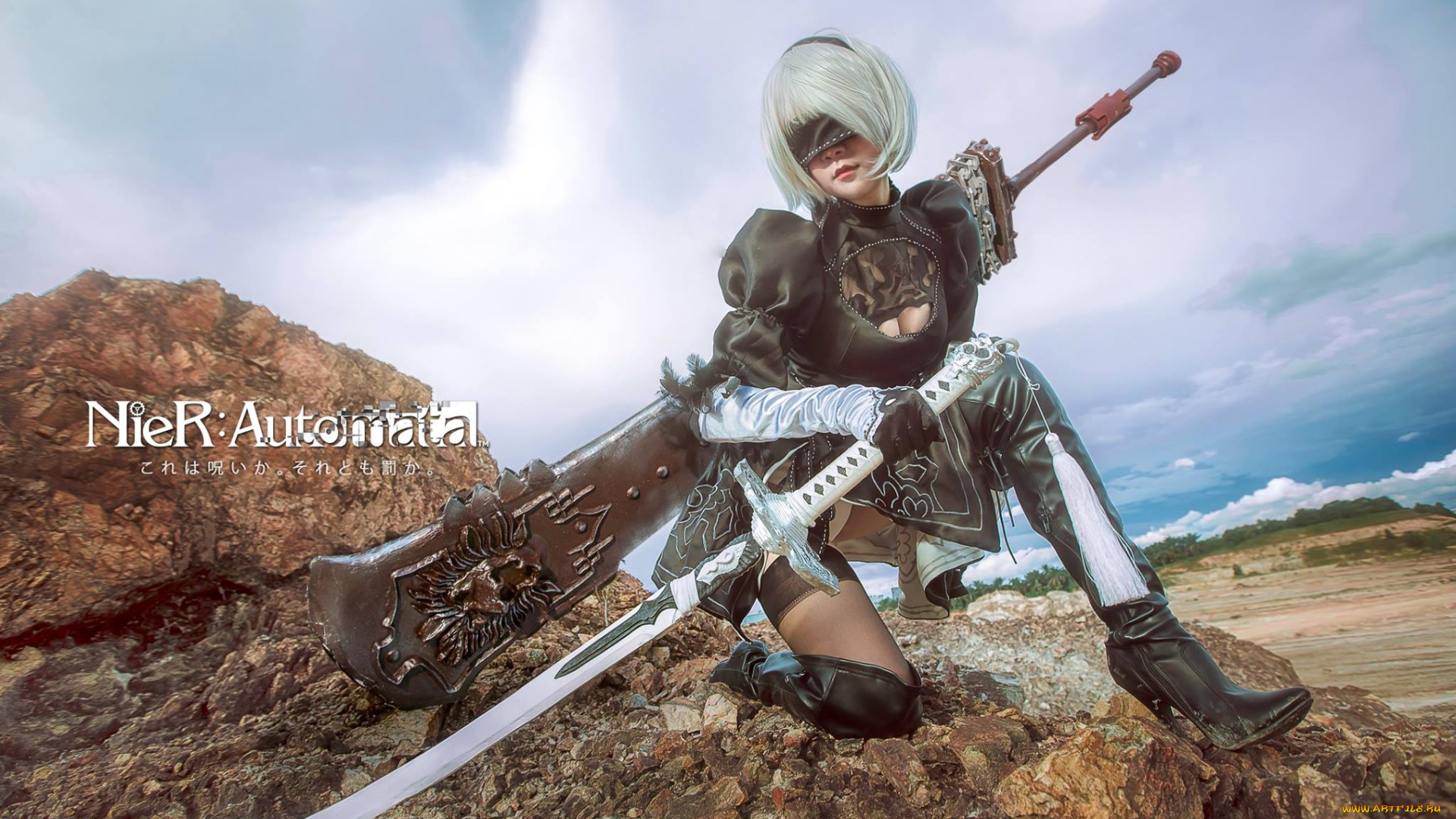 девушки, -, креатив, , косплей, 2в, девушка, андроид, оружие, скала