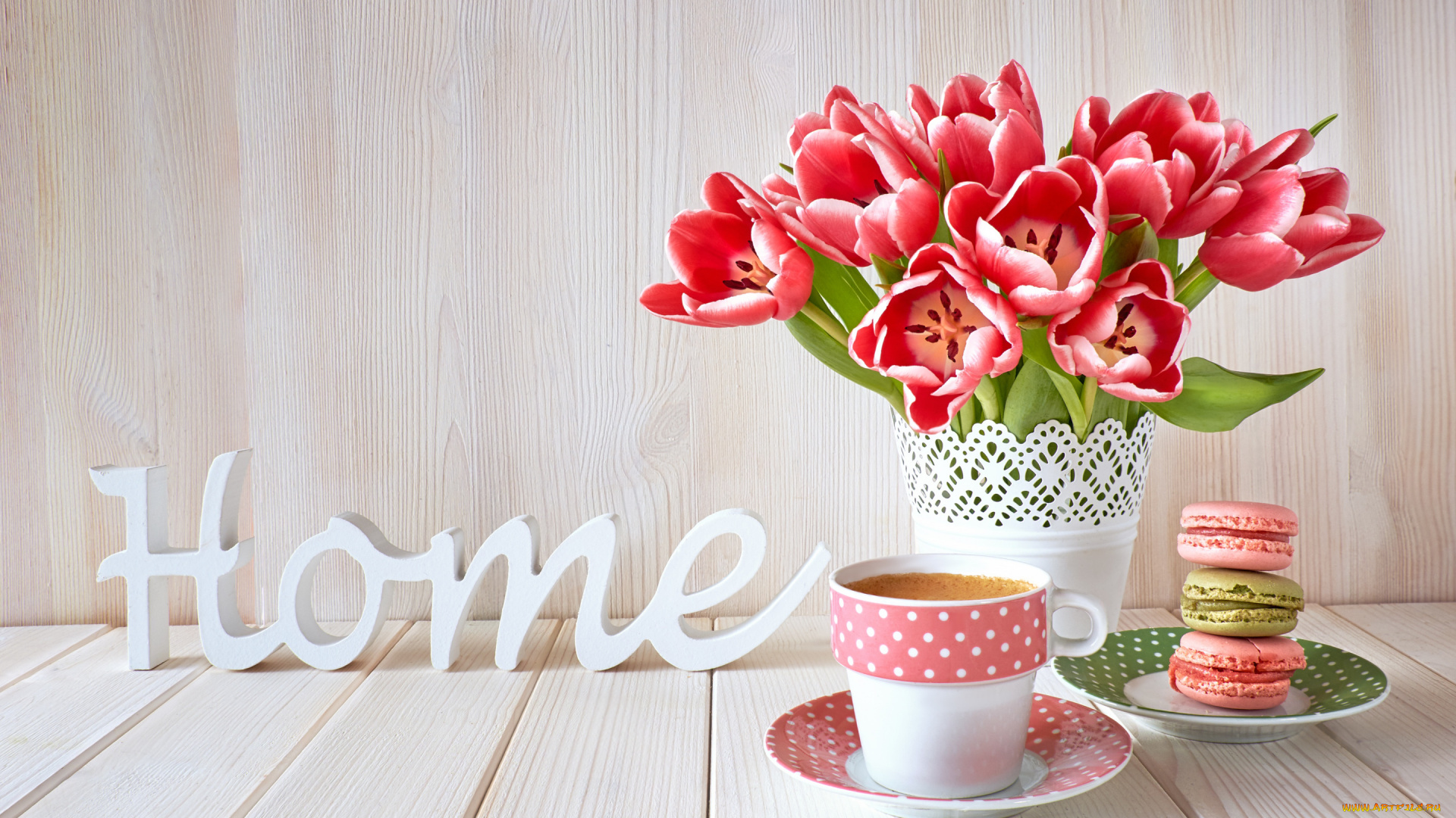 еда, макаруны, кофе, букет, тюльпаны, эспрессо, макаронс