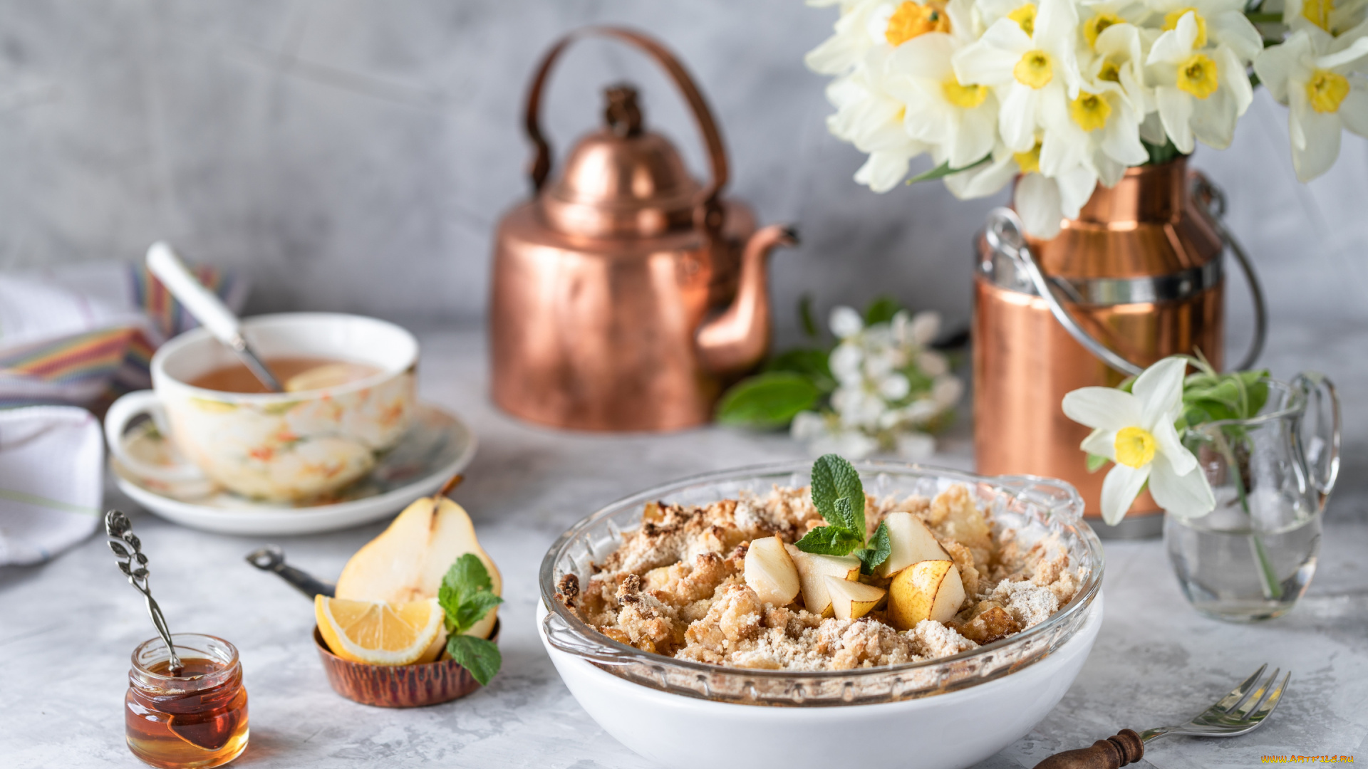 еда, мюсли, , хлопья, цветы, букет, мед, груша, натюрморт, десерт, запеченная
