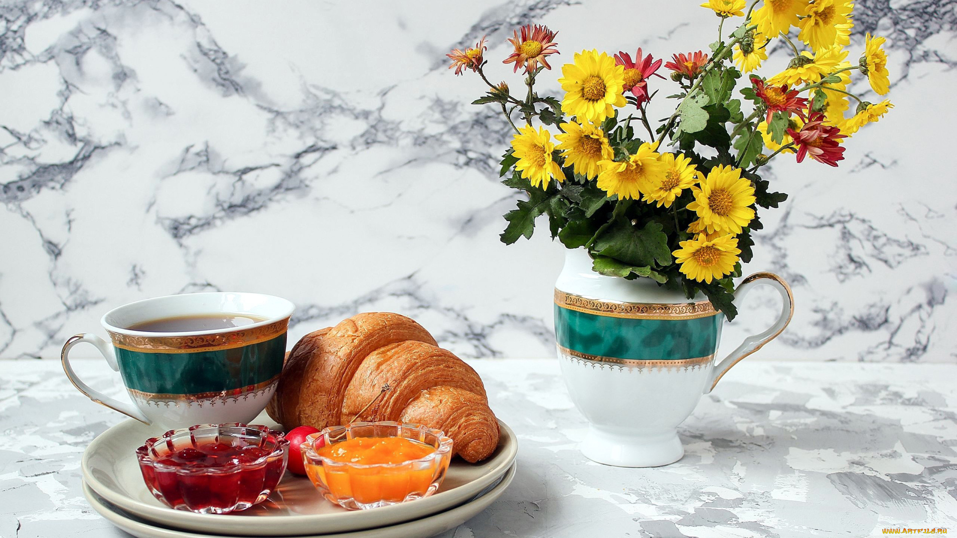 еда, напитки, , чай, круассан, чай, джем