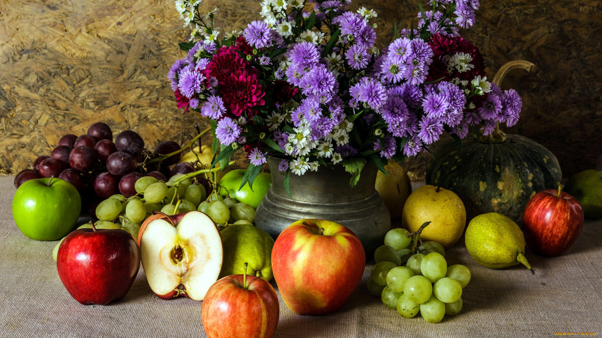 еда, натюрморт, яблоки, виноград