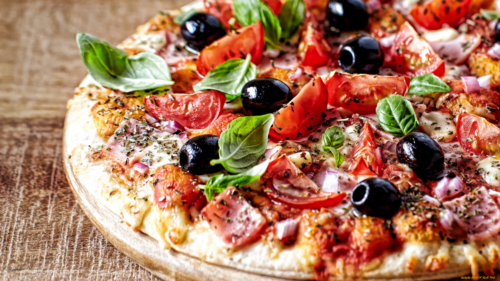 еда, пицца, базилик, маслины