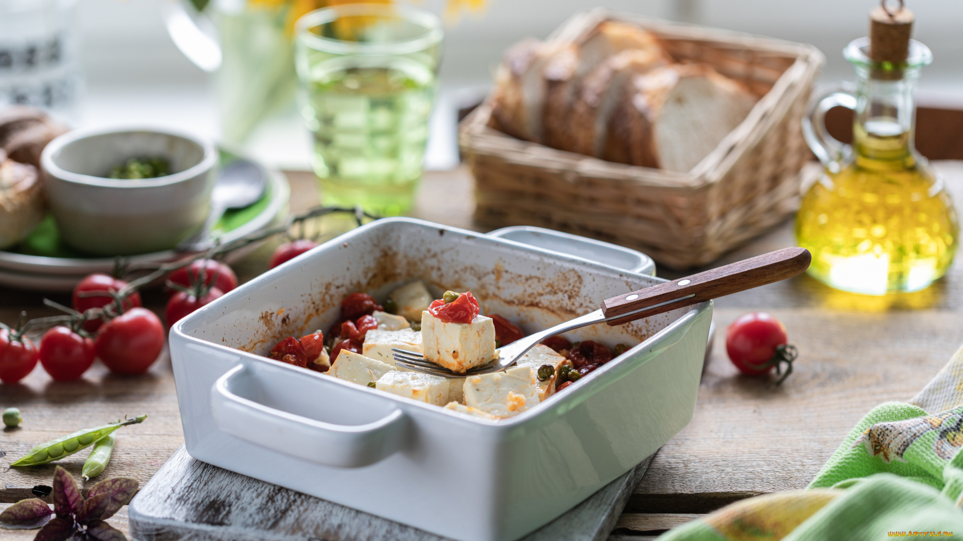 еда, сырные, изделия, хлеб, закуска, оливковое, масло, базилик, сыр, фета, помидорами, черри, запеченный