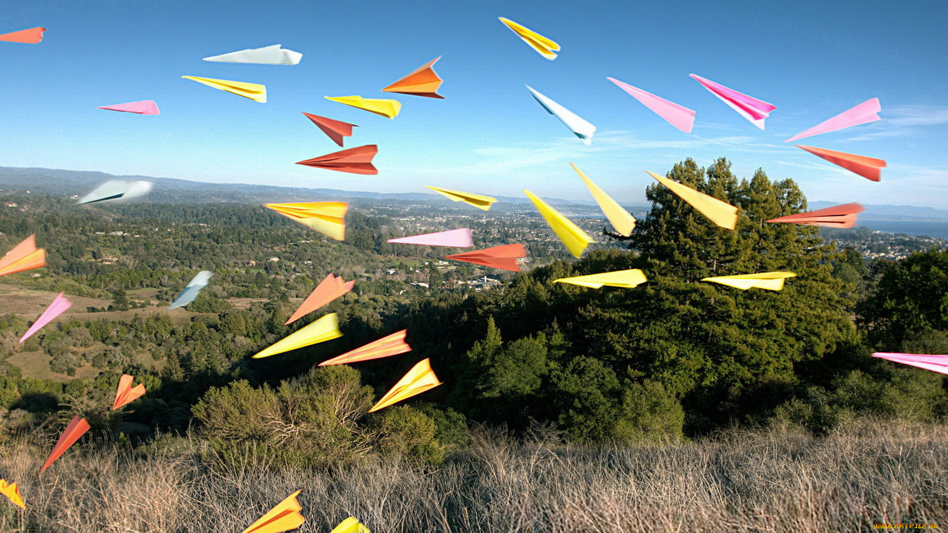 разное, компьютерный, дизайн, деревья, поляны, долина, самолетики