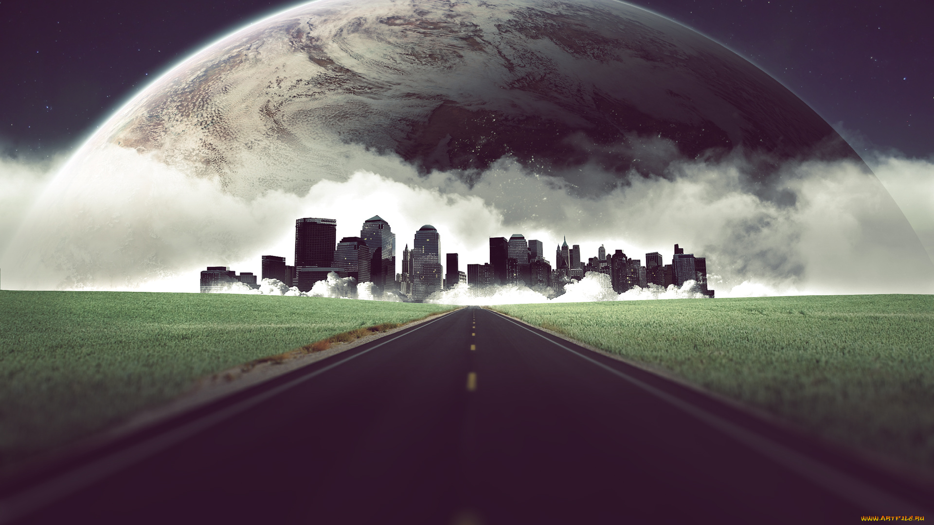 разное, компьютерный, дизайн, планета, облака, город, дорога, поля