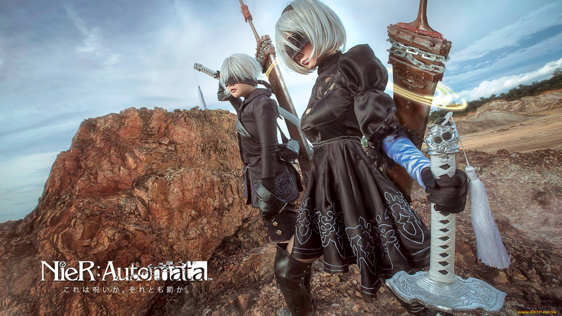 разное, маски, , карнавальные, костюмы, 2в, андроиды, девушка, оружие, парень, скалы