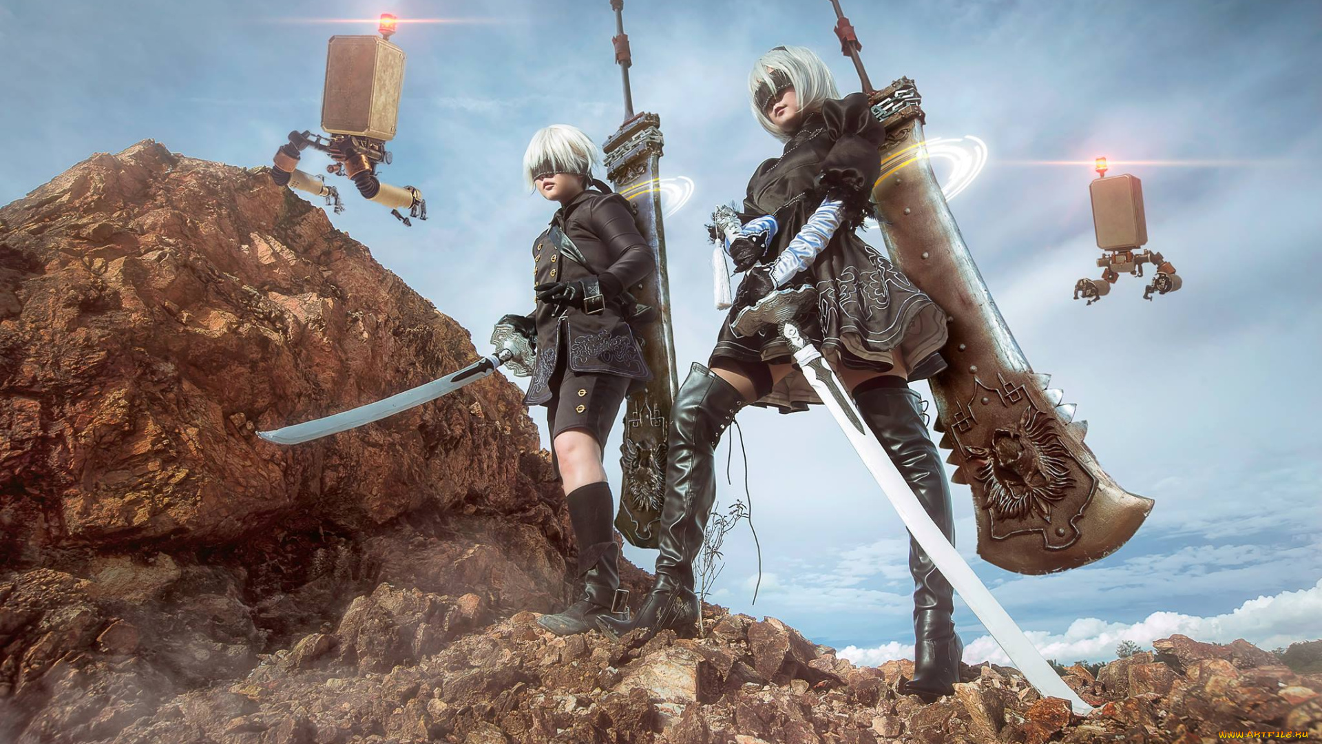 разное, маски, , карнавальные, костюмы, 2в, девушка, андроиды, парень, 9s, скала, оружие, роботы