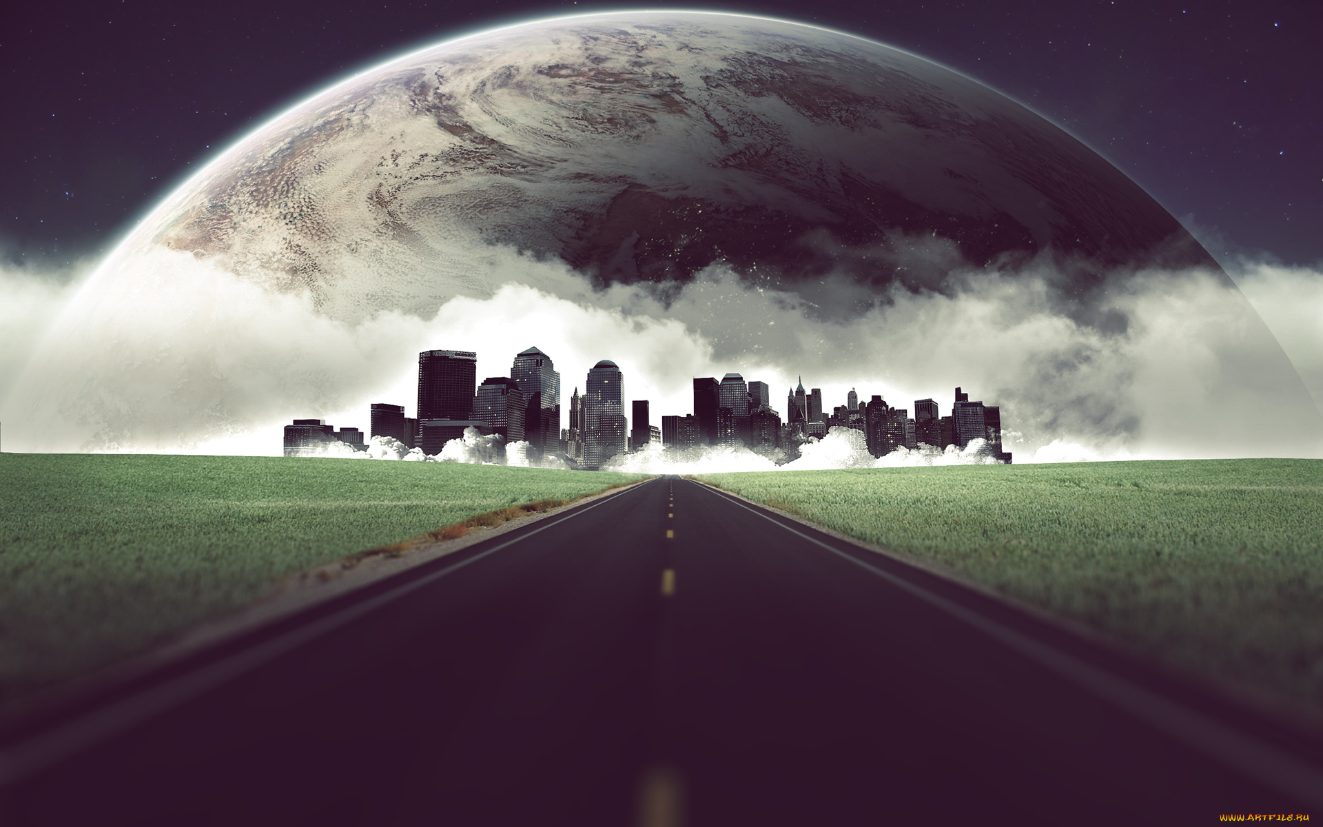 разное, компьютерный, дизайн, планета, облака, город, дорога, поля