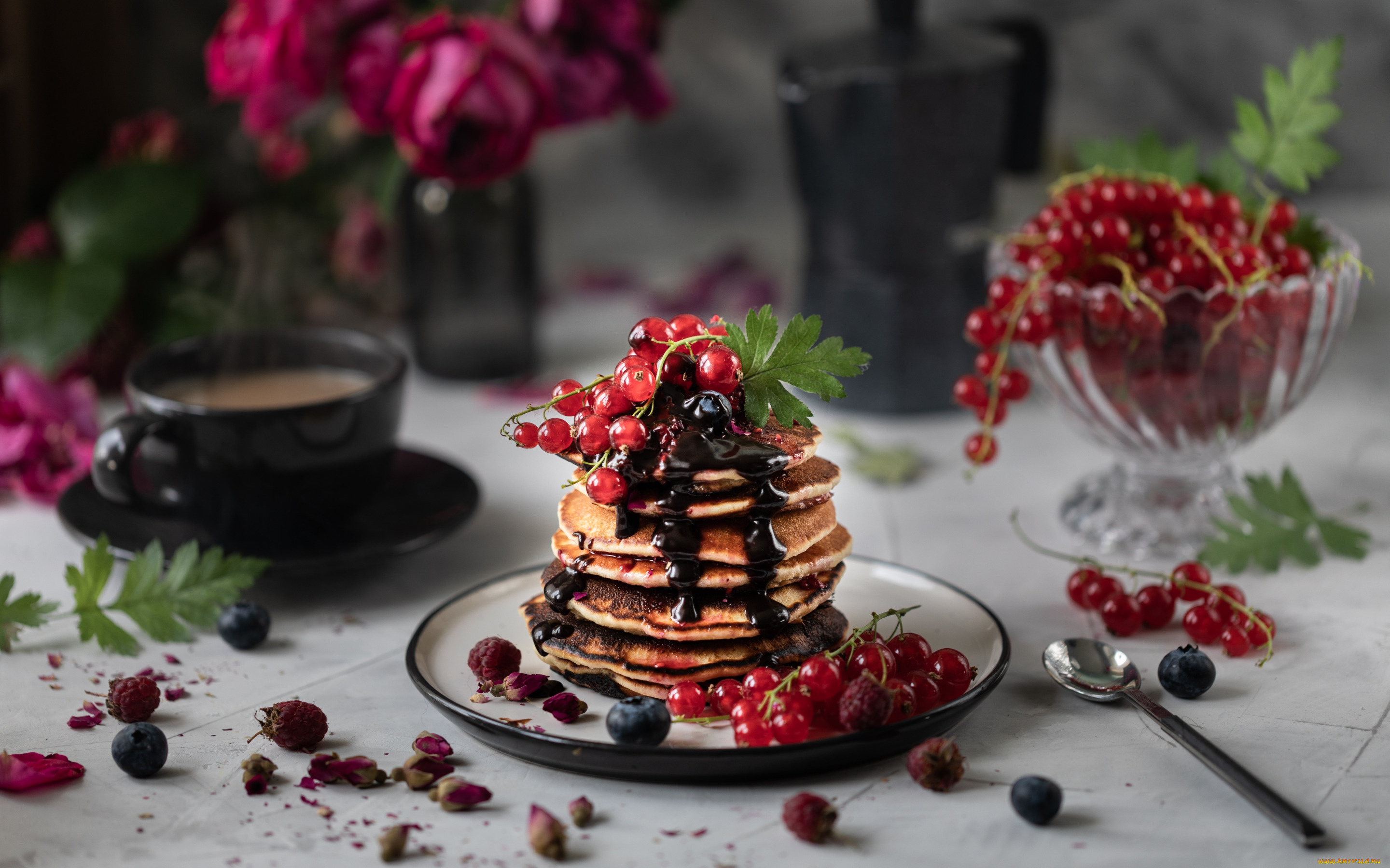 еда, блины, , оладьи, ягоды, шоколад, тарелка, смородина, блинчики