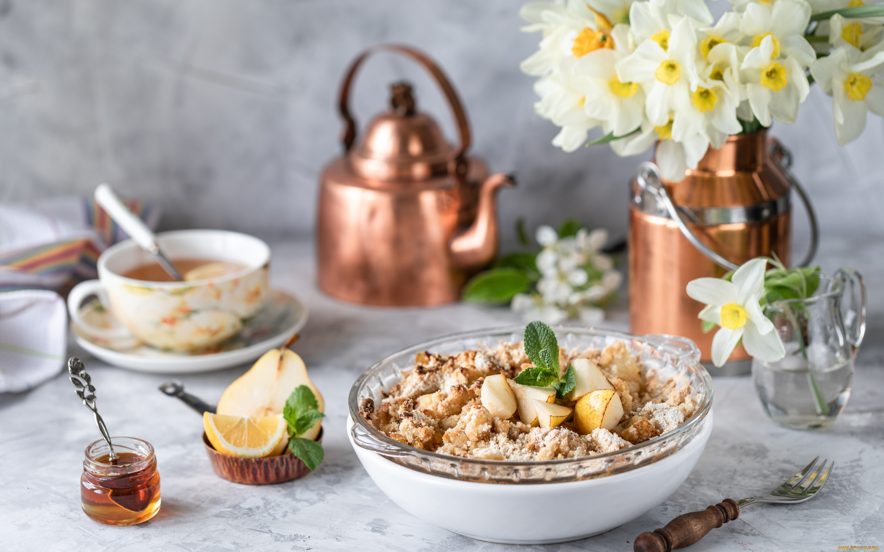 еда, мюсли, , хлопья, цветы, букет, мед, груша, натюрморт, десерт, запеченная