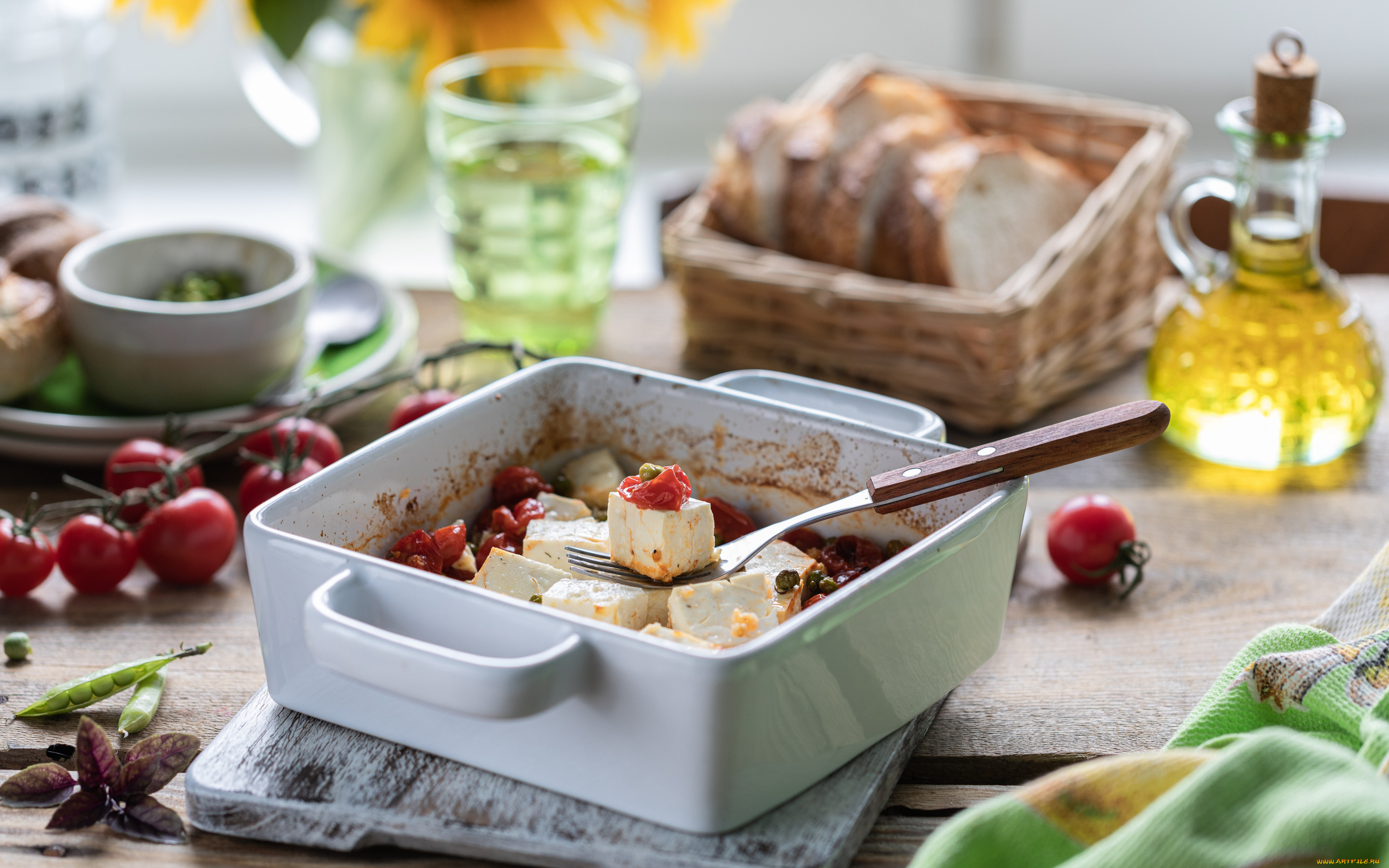 еда, сырные, изделия, хлеб, закуска, оливковое, масло, базилик, сыр, фета, помидорами, черри, запеченный