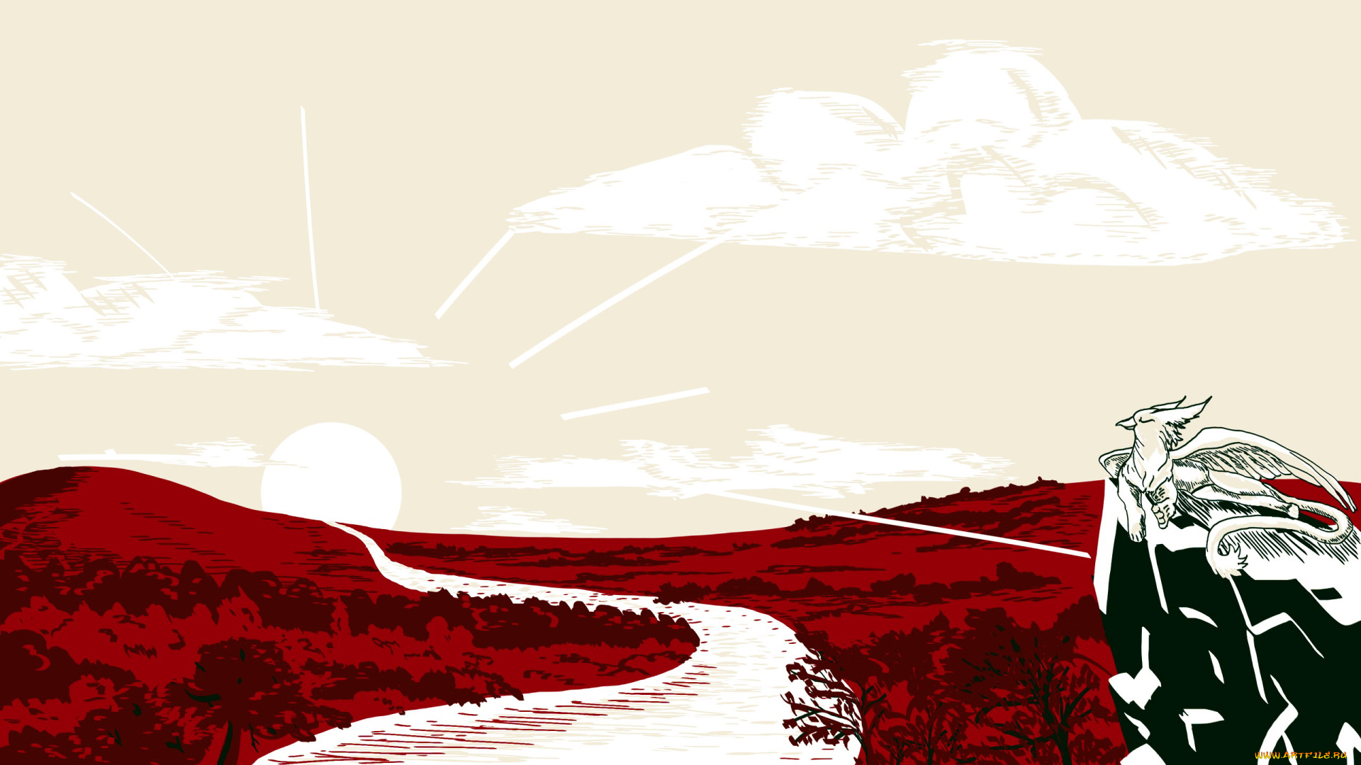 рисованное, животные, , сказочные, , мифические, река, скала, зверь