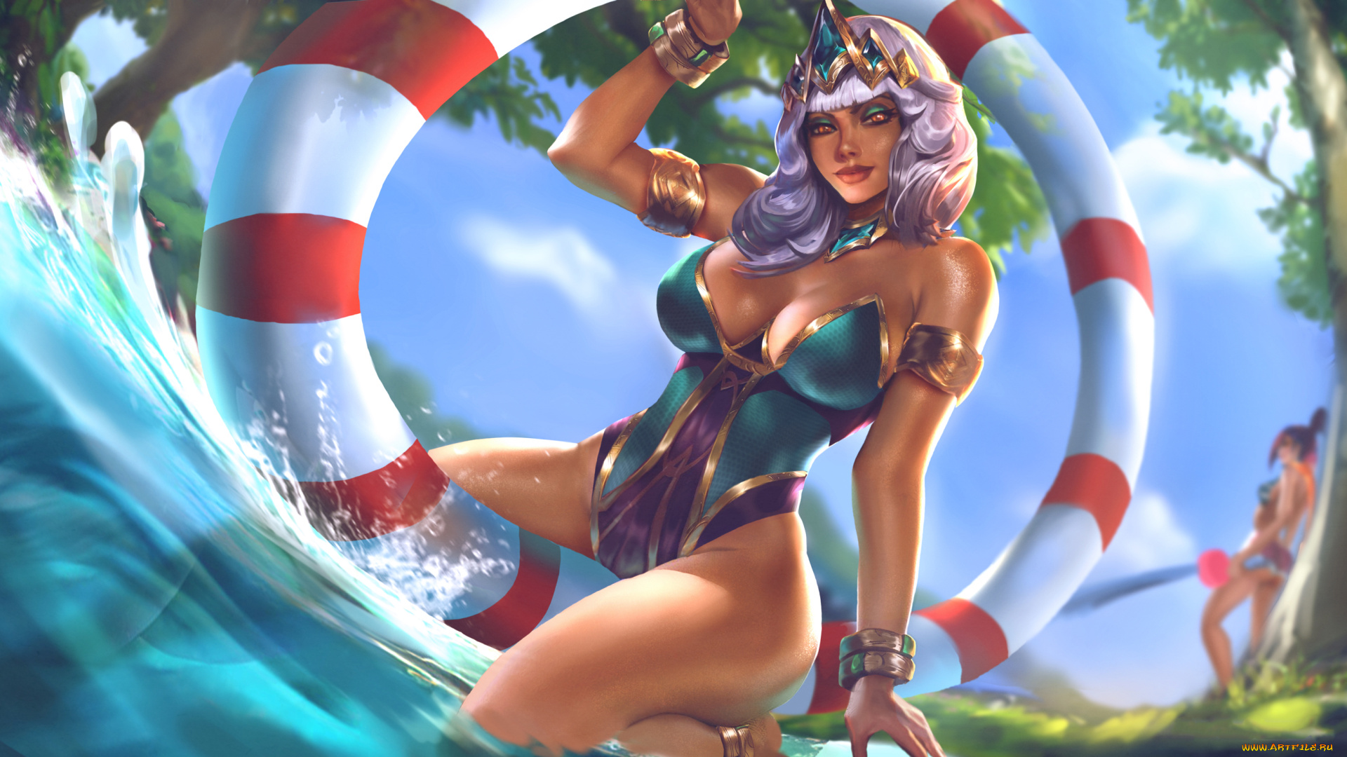 видео, игры, league, of, legends, девушка, фон, взгляд, круг, униформа, диадема, вода, qiyana