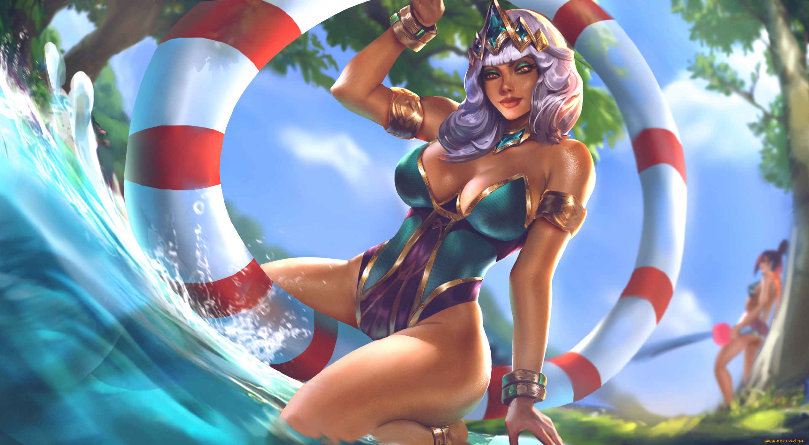 видео, игры, league, of, legends, девушка, фон, взгляд, круг, униформа, диадема, вода, qiyana