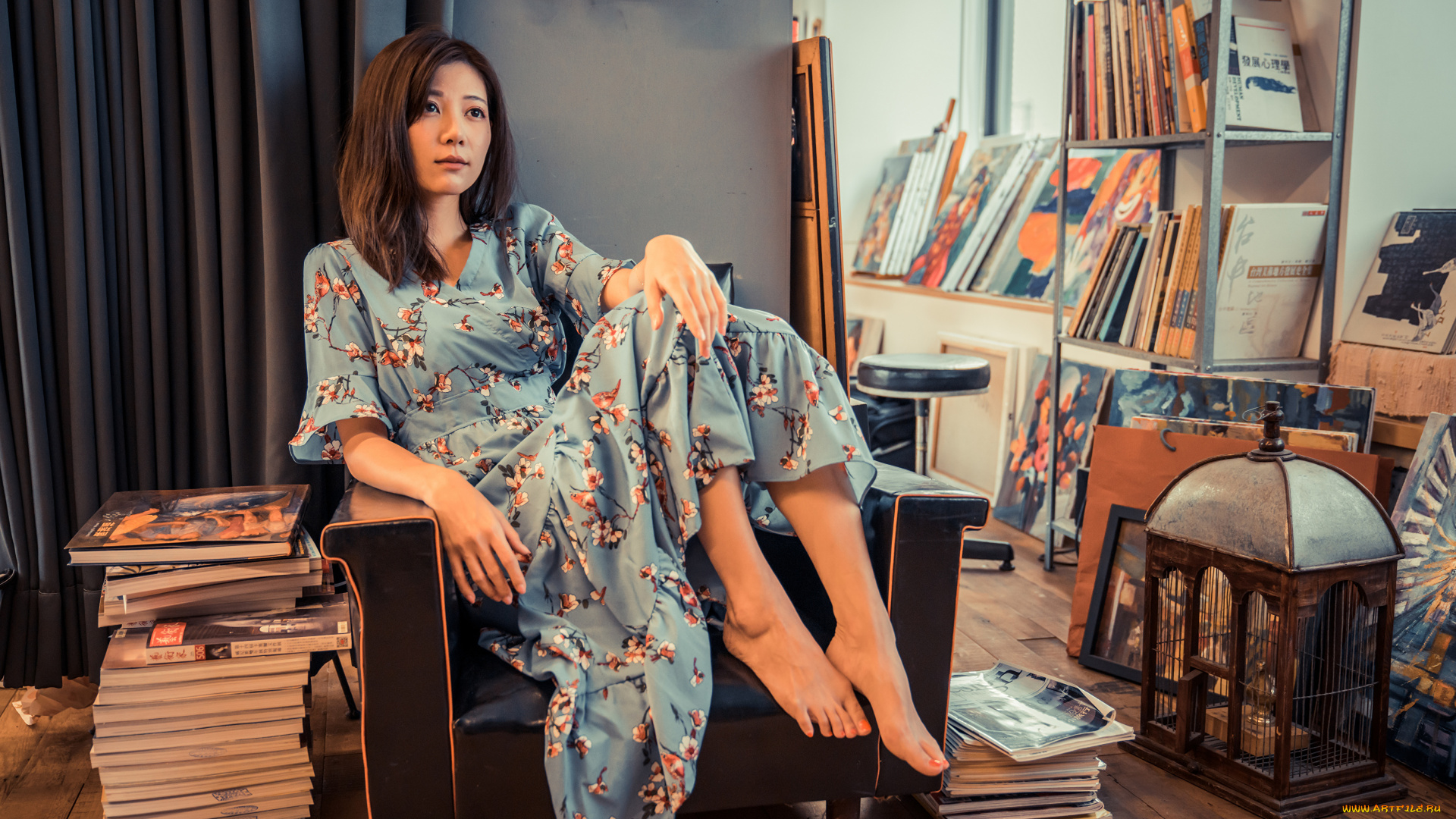 девушки, -, азиатки, платье, кресло, книги, клетка