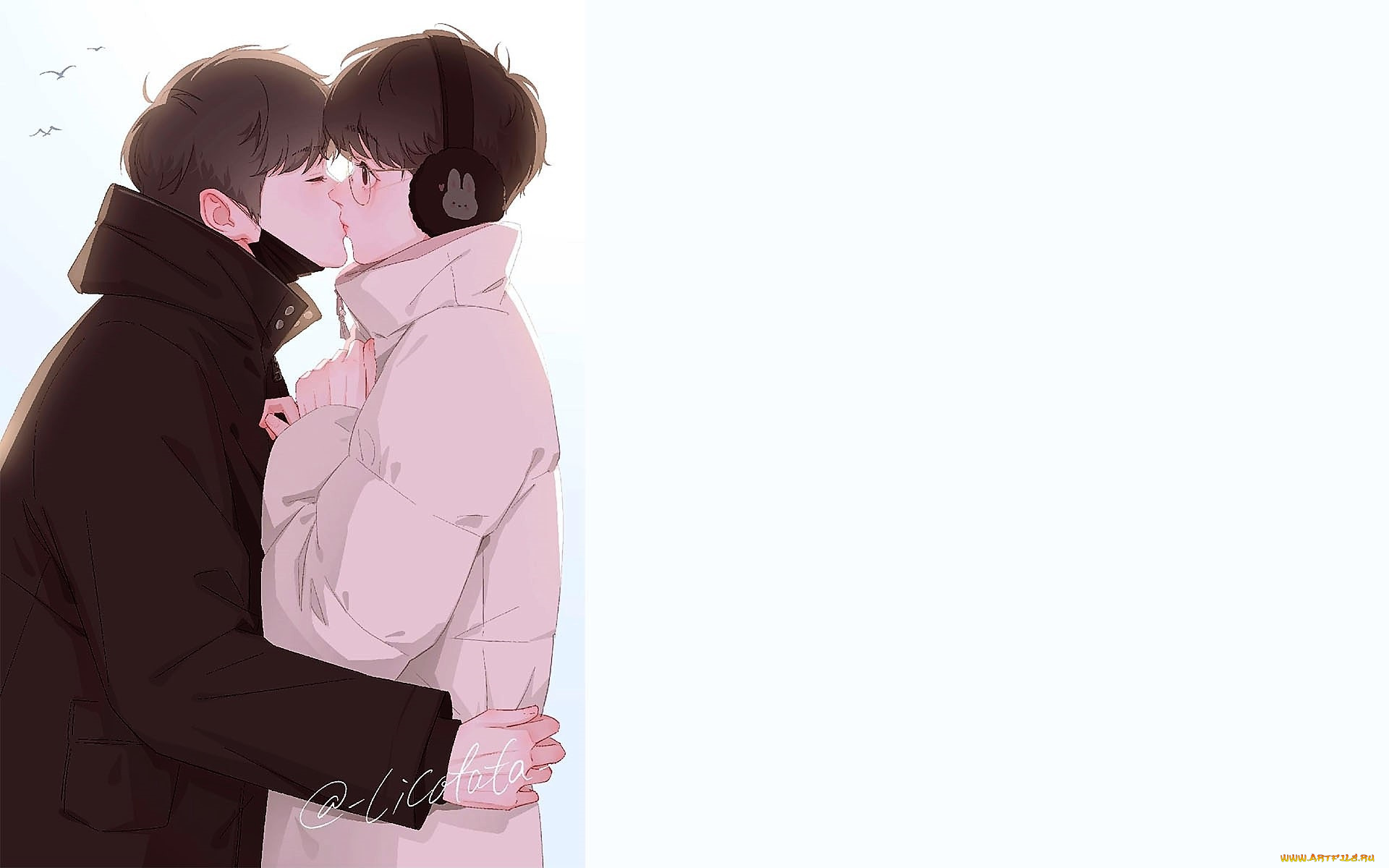 рисованное, люди, куртки, маска, очки, наушники, поцелуй