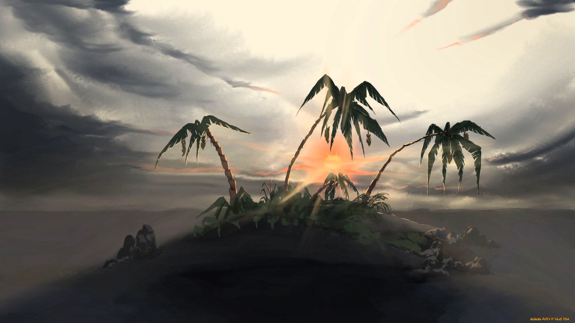 3д, графика, природа, , nature, пальмы, остров, туман, рассвет