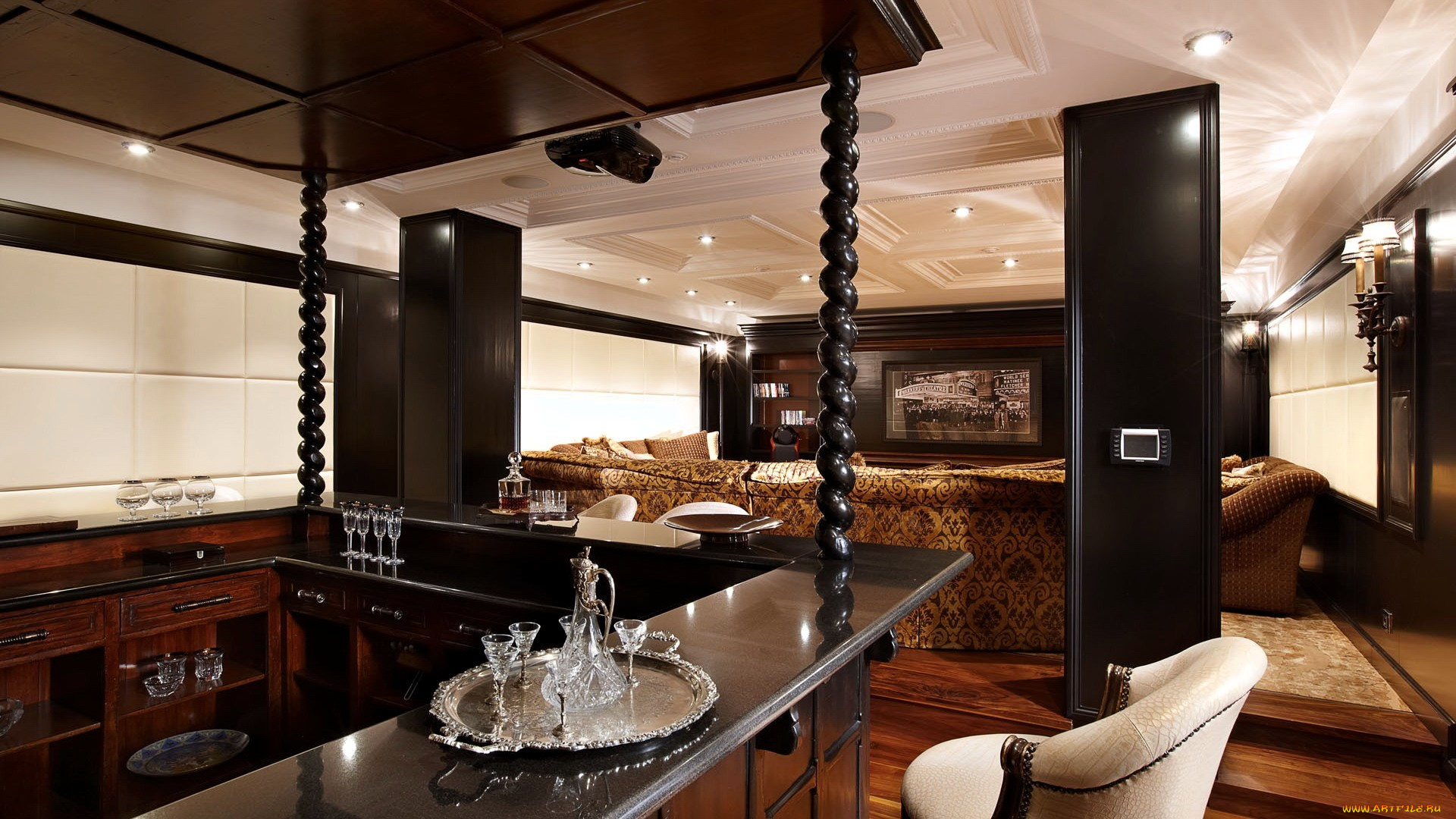 интерьер, гостиная, комната, диван, колонки, стойка, бар