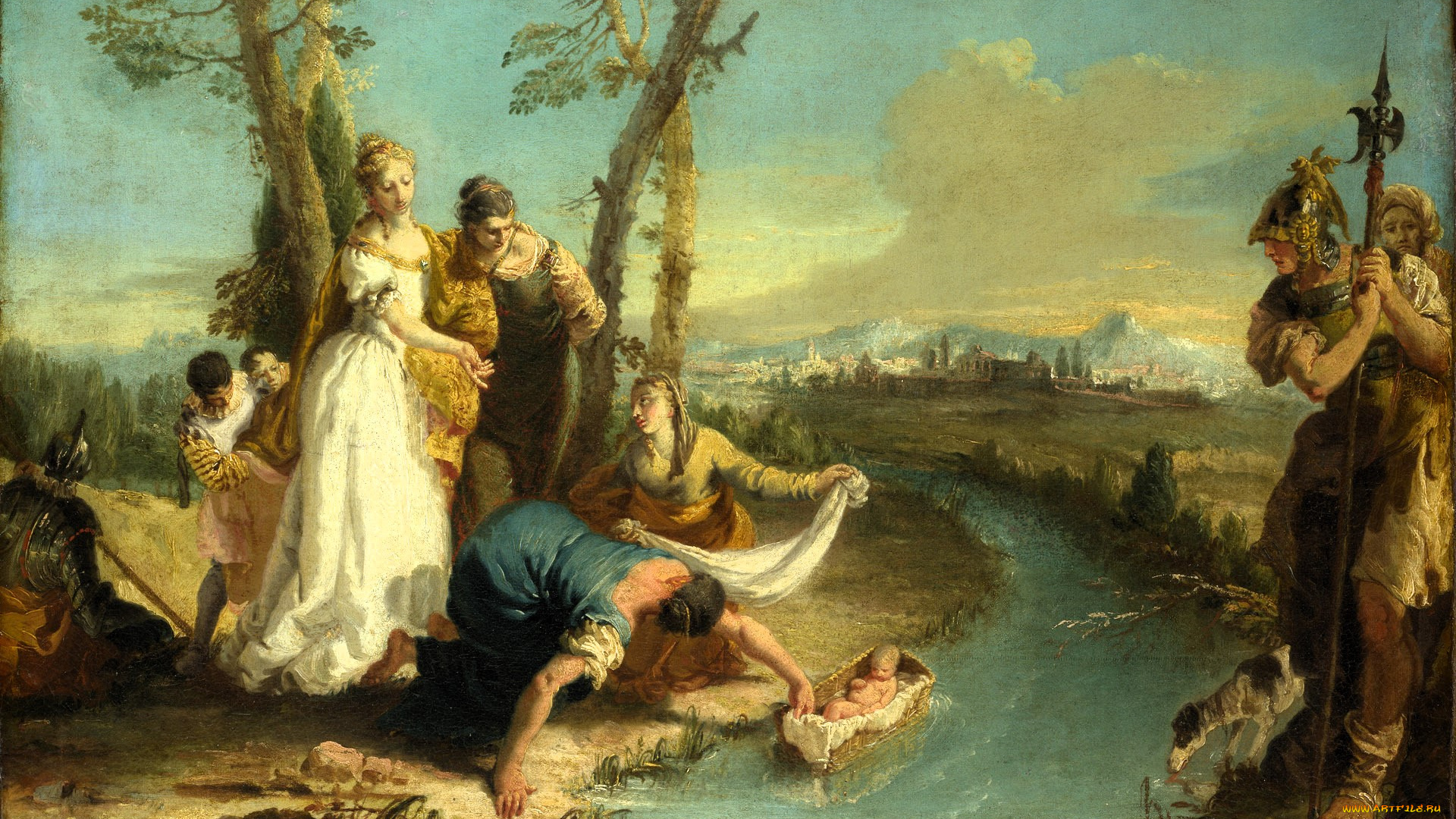 рисованное, живопись, люди, младенец, река