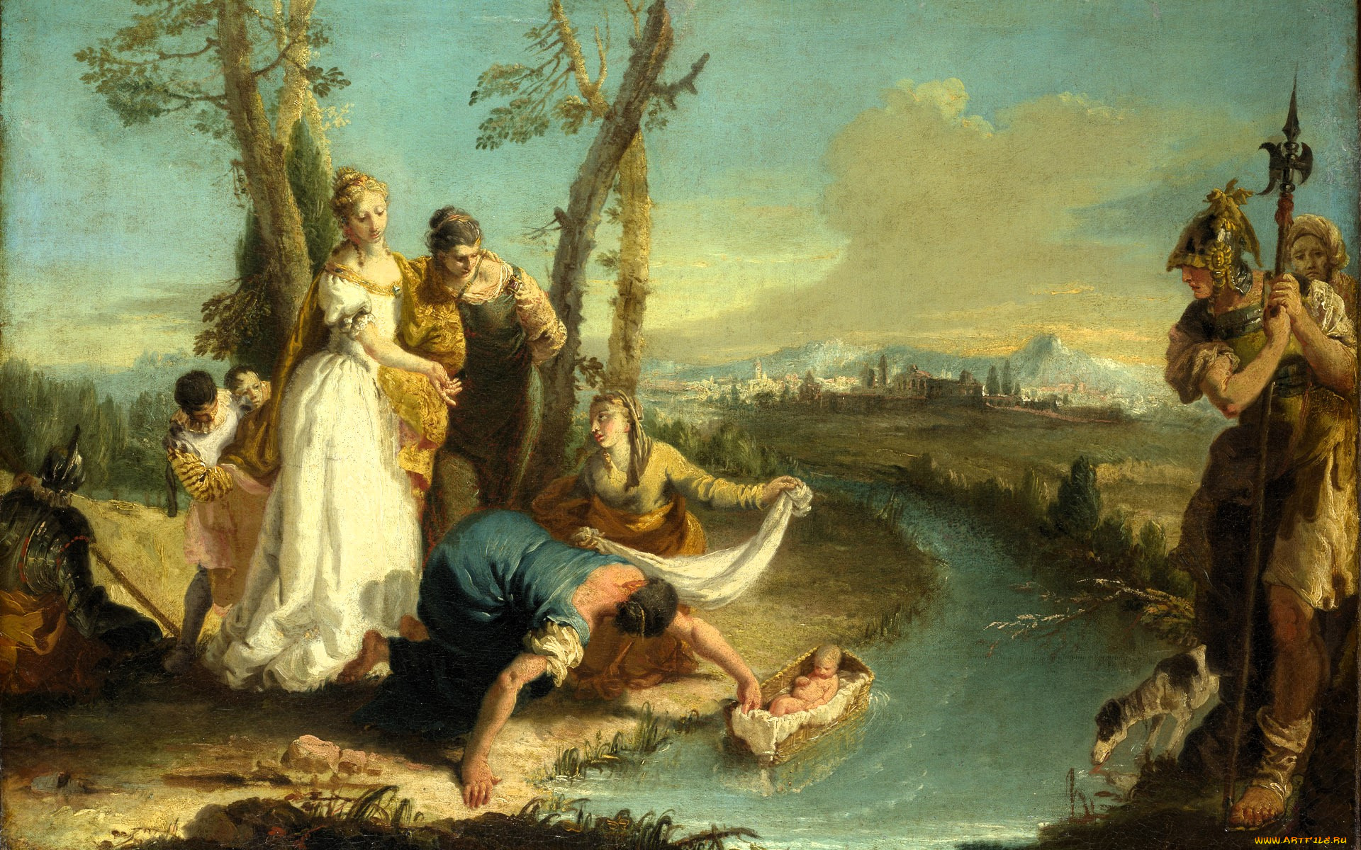 рисованное, живопись, люди, младенец, река