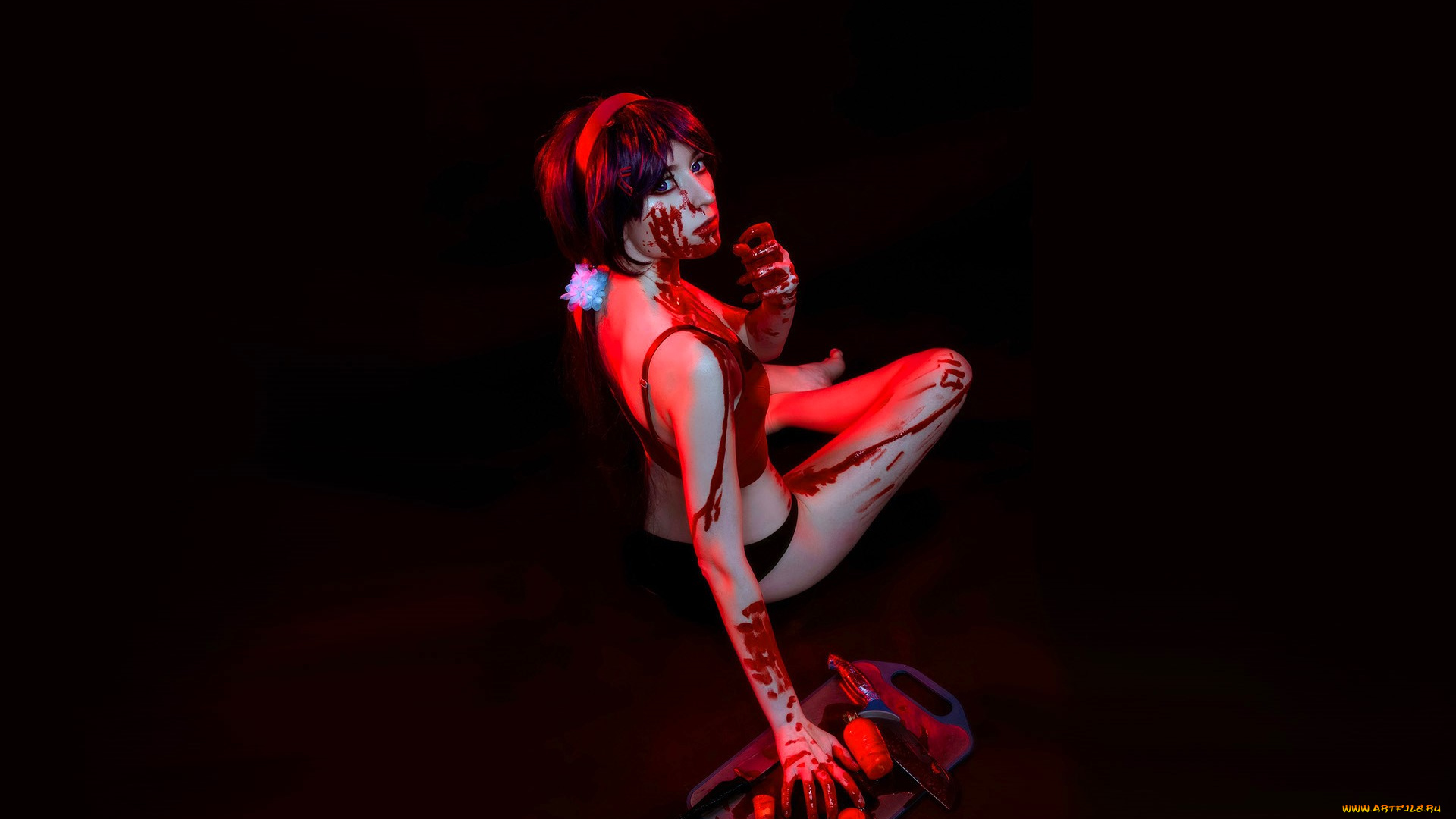 девушки, momo, образ, косплей, кровь, белье, нож, морковь