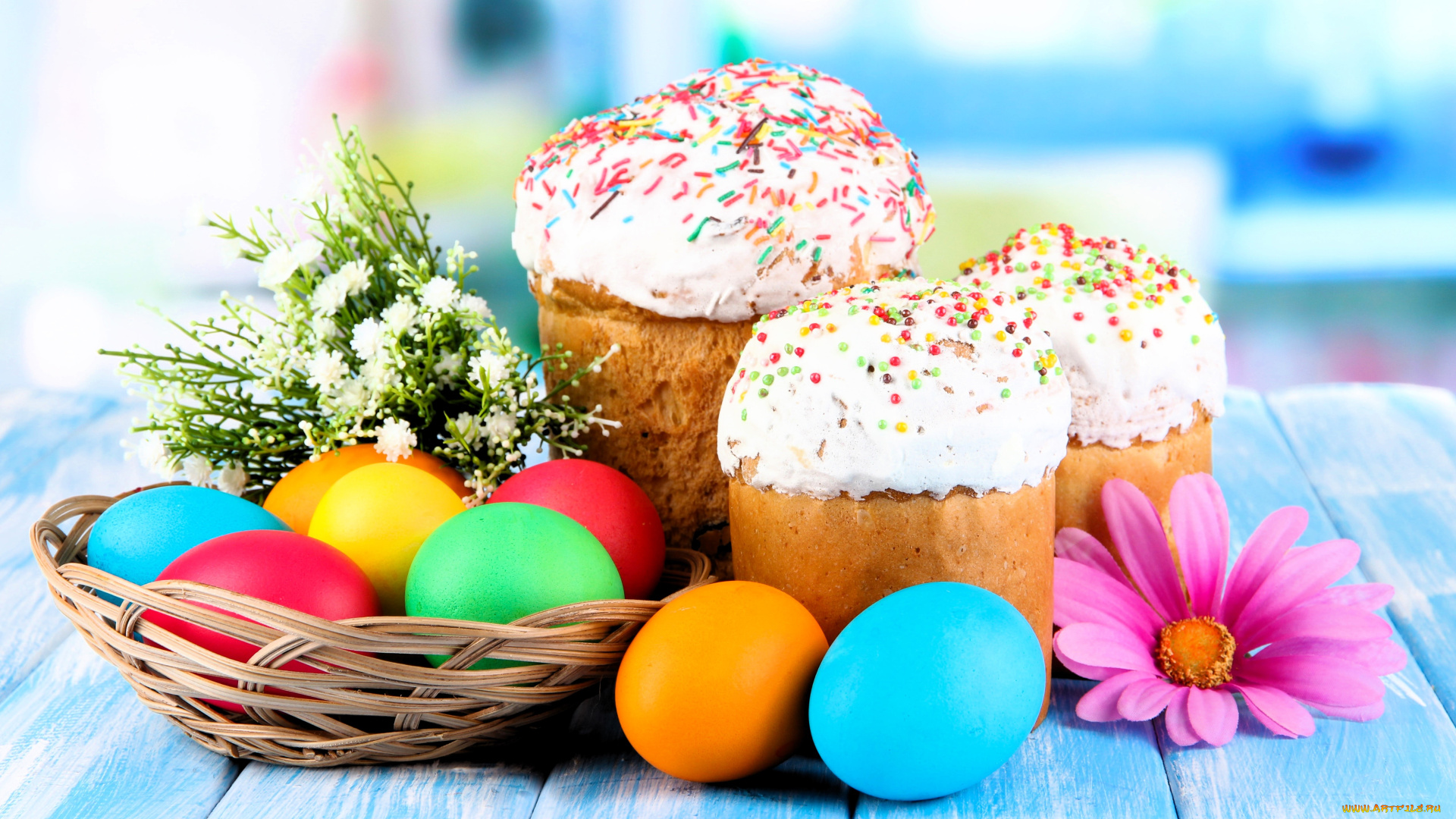 праздничные, пасха, столешница, яйца, куличи, цветы, корзинка