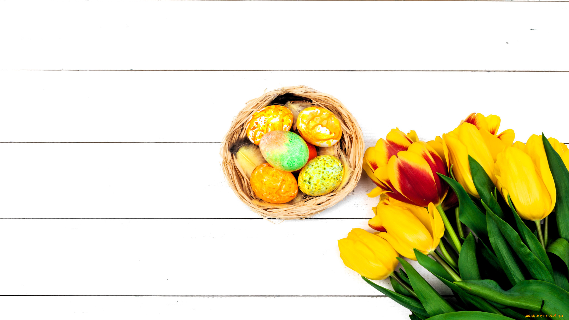 праздничные, пасха, яйца, гнездо, тюльпаны, цветы