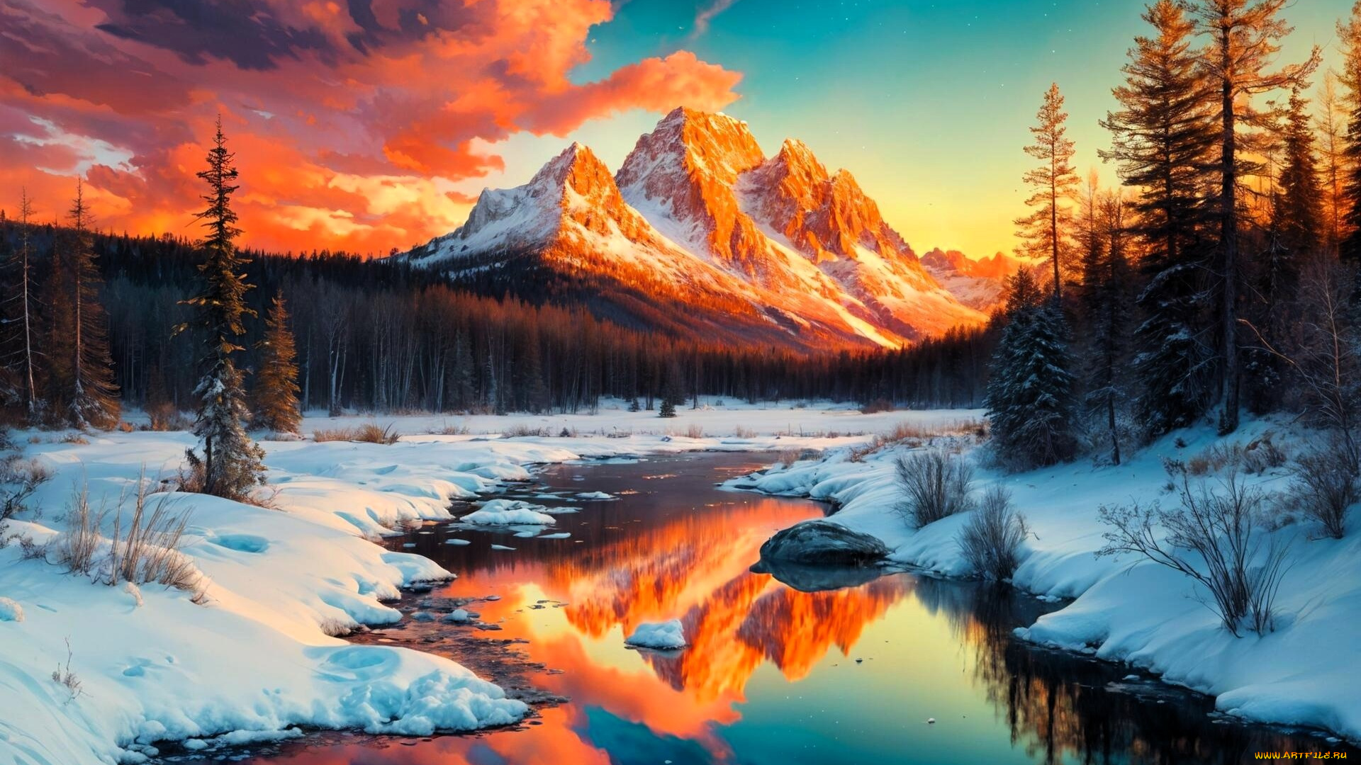 рисованное, праздники, горы, лес, снег, зима, речка