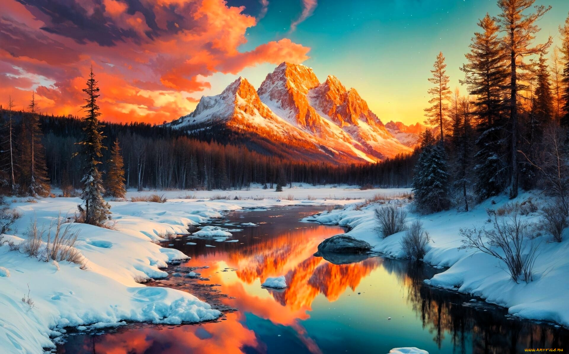 рисованное, праздники, горы, лес, снег, зима, речка