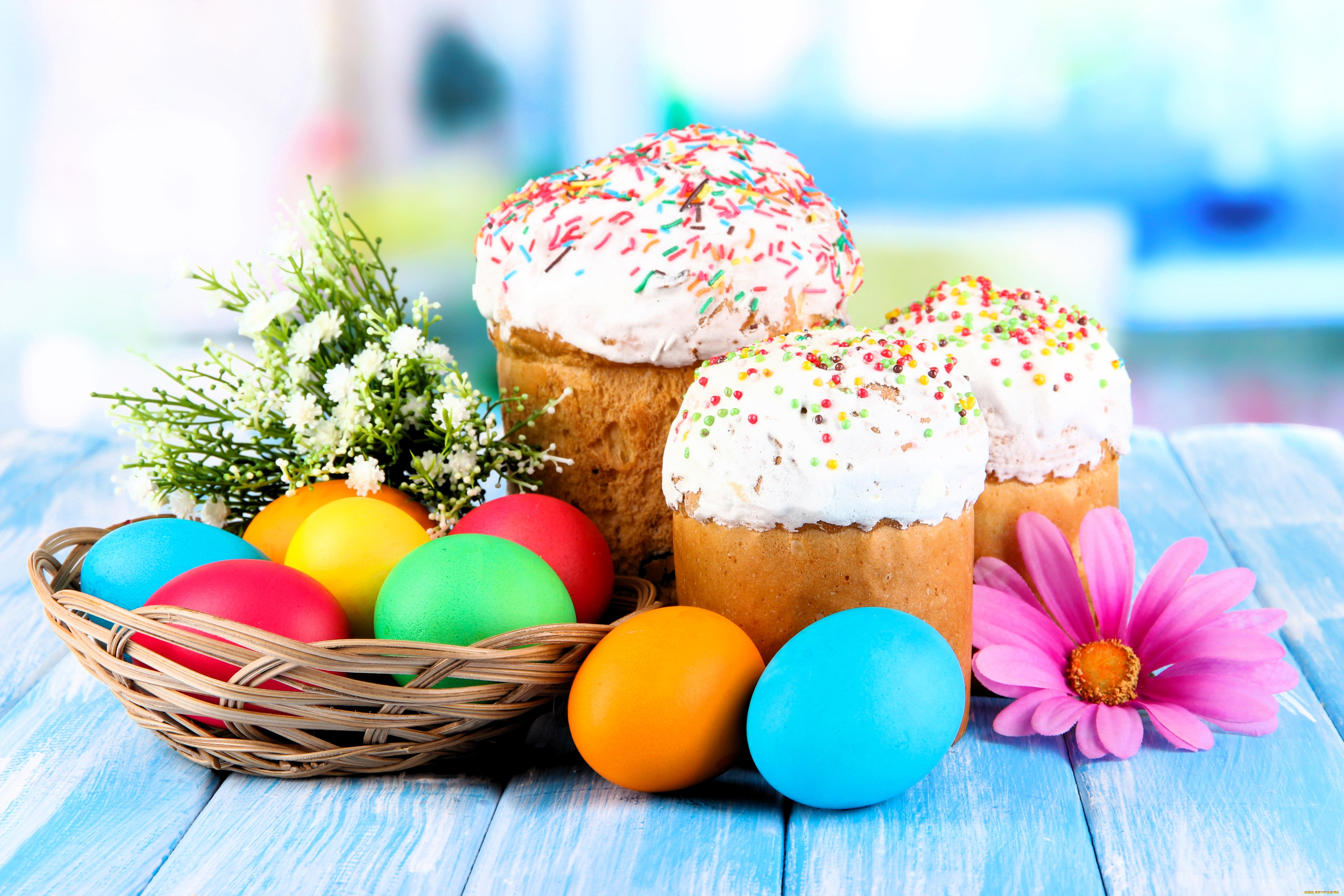 праздничные, пасха, столешница, яйца, куличи, цветы, корзинка