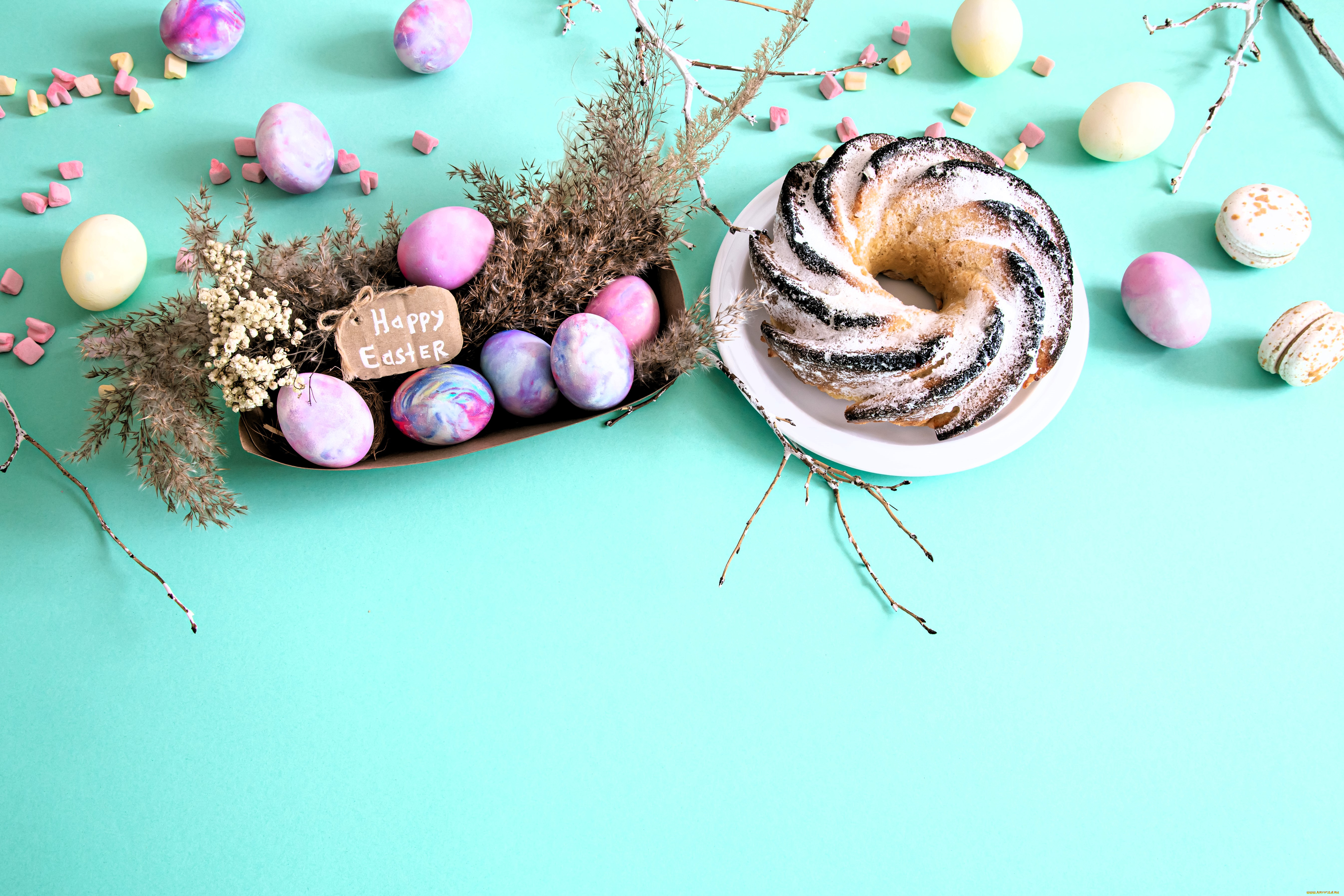 праздничные, пасха, яйца, маршмеллоу, кекс, травы