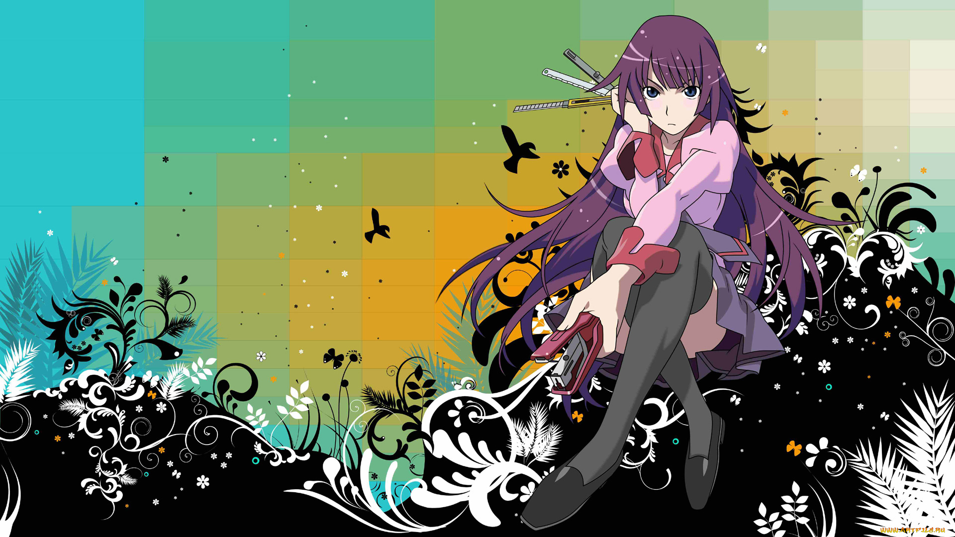 аниме, bakemonogatari, senjougahara, hitagi, девушка, форма, инструменты, степлер, ножницы, карандаш, ручка, нож