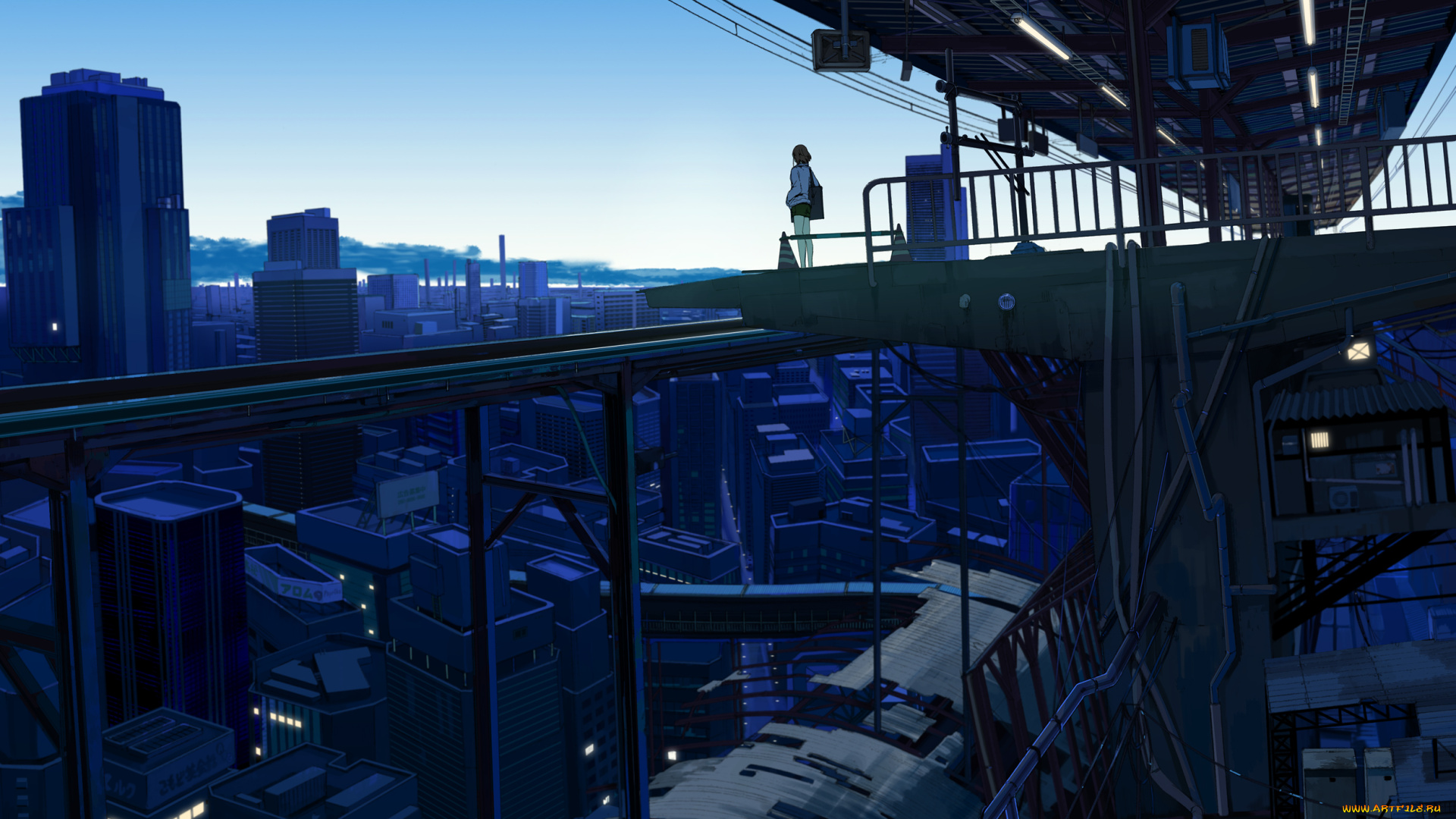 аниме, *unknown, другое, девушка, платформа, город, здания, провода, рассвет, небо, улица, трубы, окна, огни