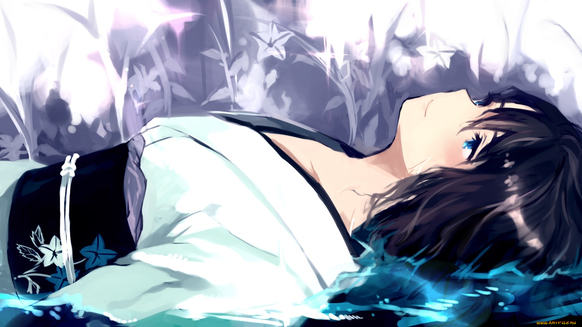 аниме, *unknown, другое, девушка, вода, цветы, кимоно